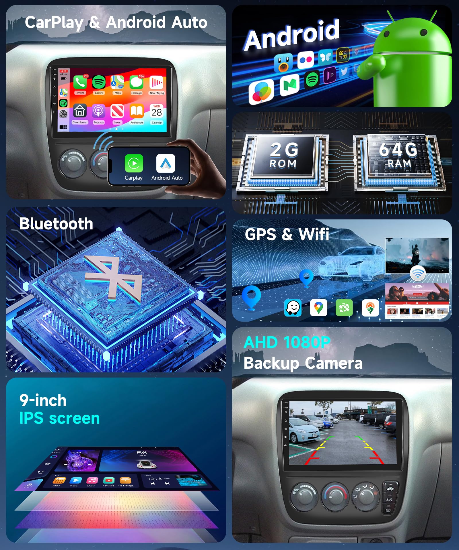 2G 64G Android Car Stereo For Honda Crv 1997 2001 Manual A/C With Wireless Carplay Android Auto Mirrorlink Hifi Audio, Podofo 9Inch Hd Touchscreen Radio With Bluetooth Gps Wifi Swc Usb Backup Camera