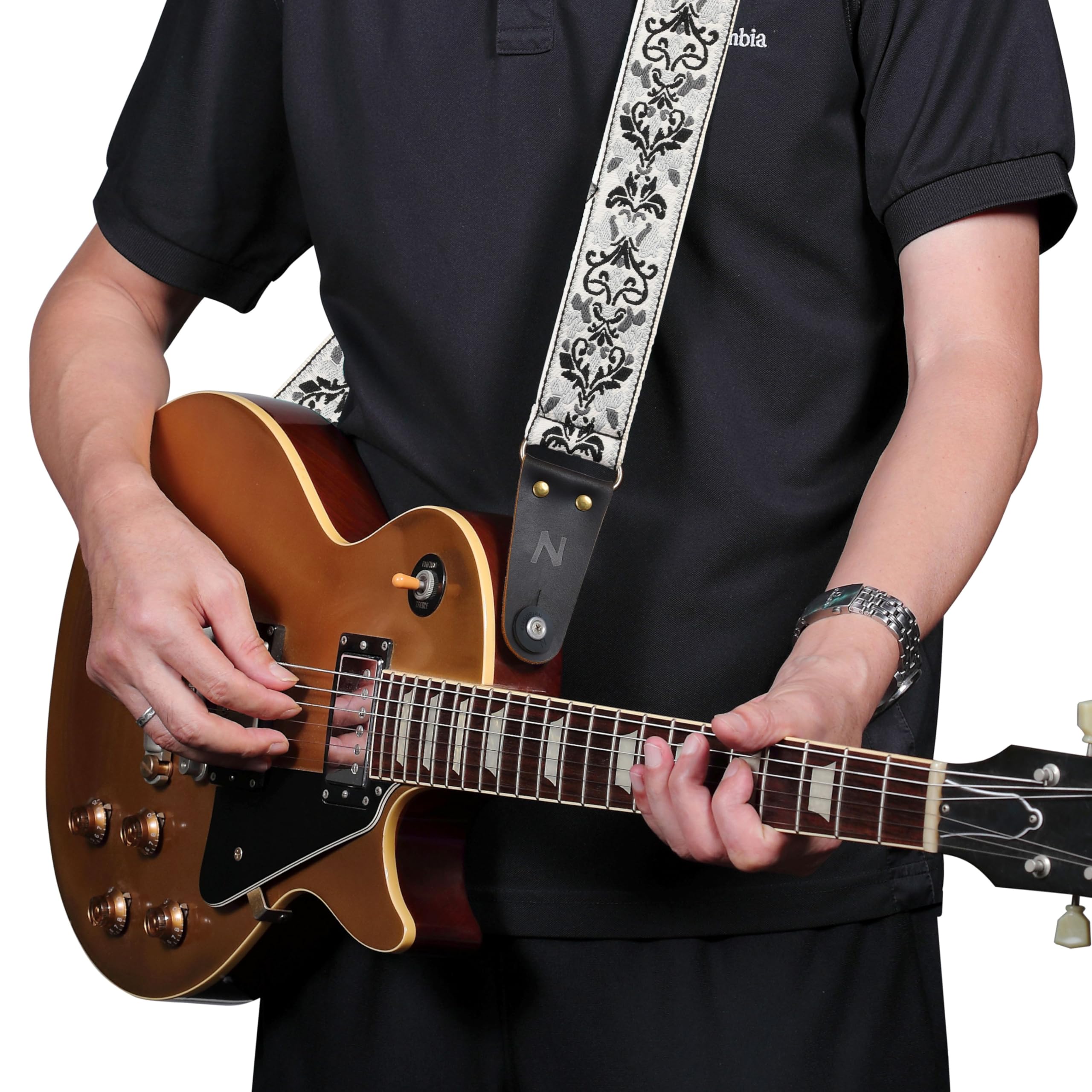 Nefelibata Guitar Strap, Embroidered Cotton Guitar Straps With Head Cowhide Leather Ends For Bass, Electric & Acoustic Guitar, W