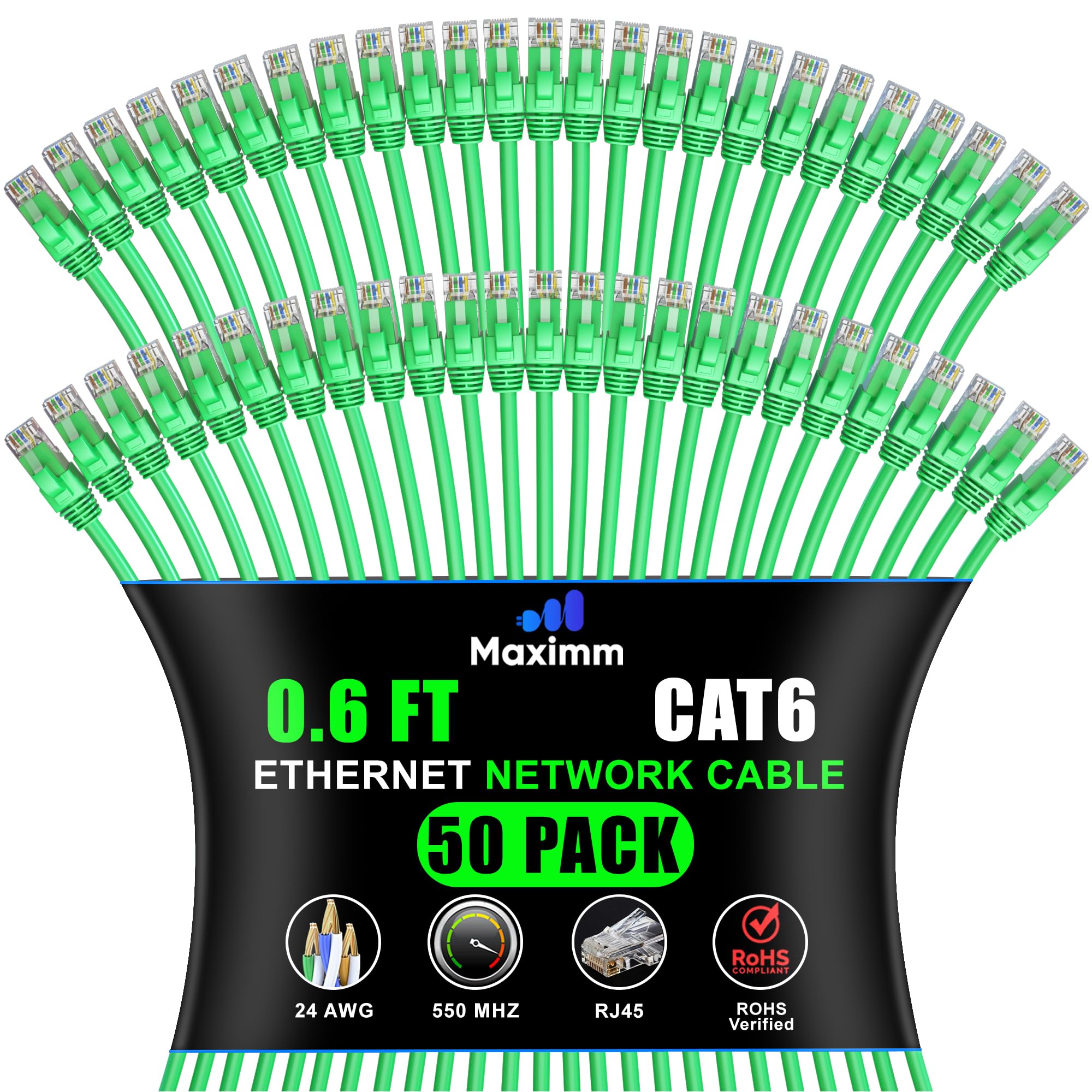 Maximm Cat 6 Ethernet Cable 0.6 Ft, (50-Pack) Cat6 Cable, LAN Internet and Network - UTP (Green) 0.6 Foot
