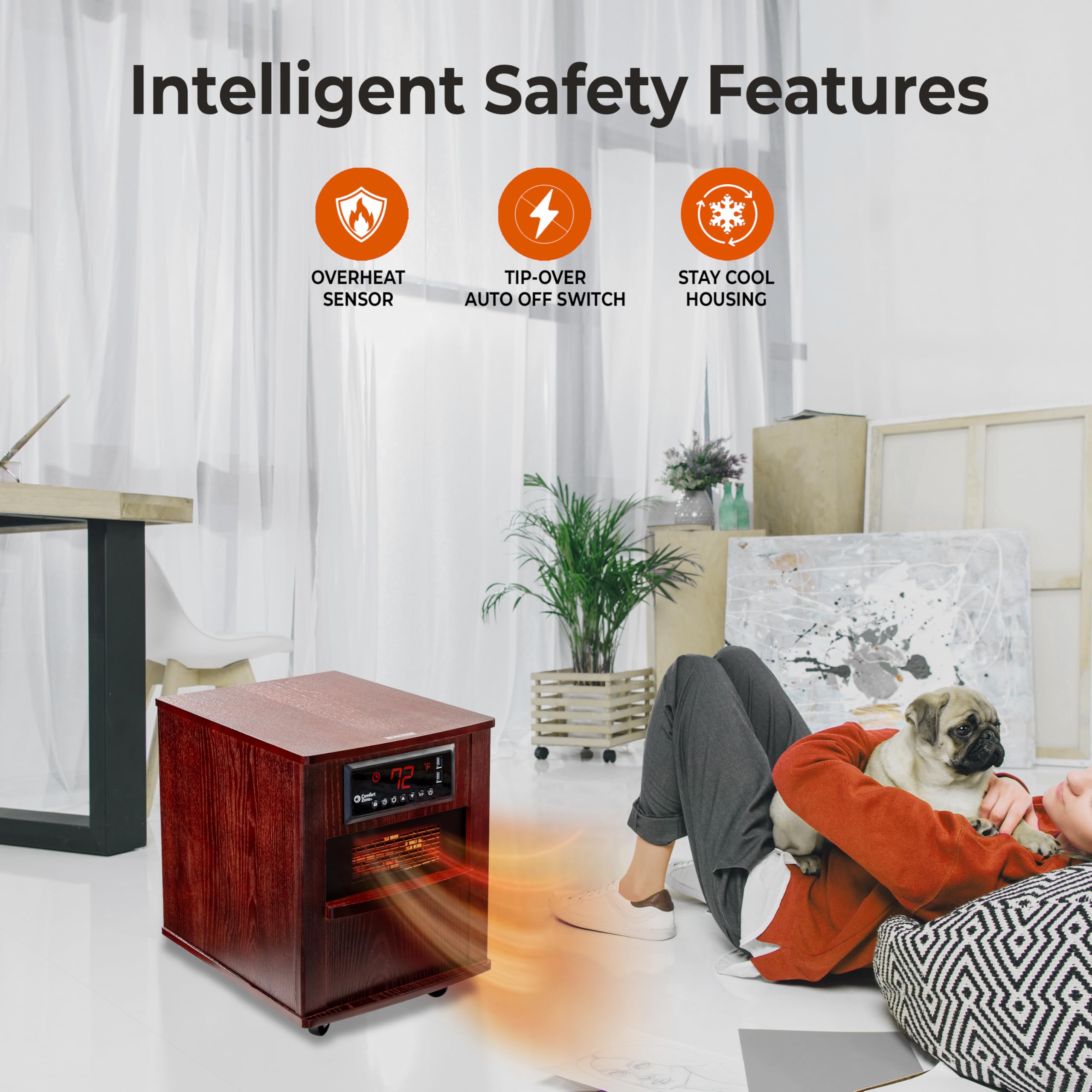 Comfort Zone 1500W Indoor Space Heater, 20" Cherry Cabinet with Remote, Infrared Quartz, USB Ports, Timer & Safety Features, Model CZ2062C