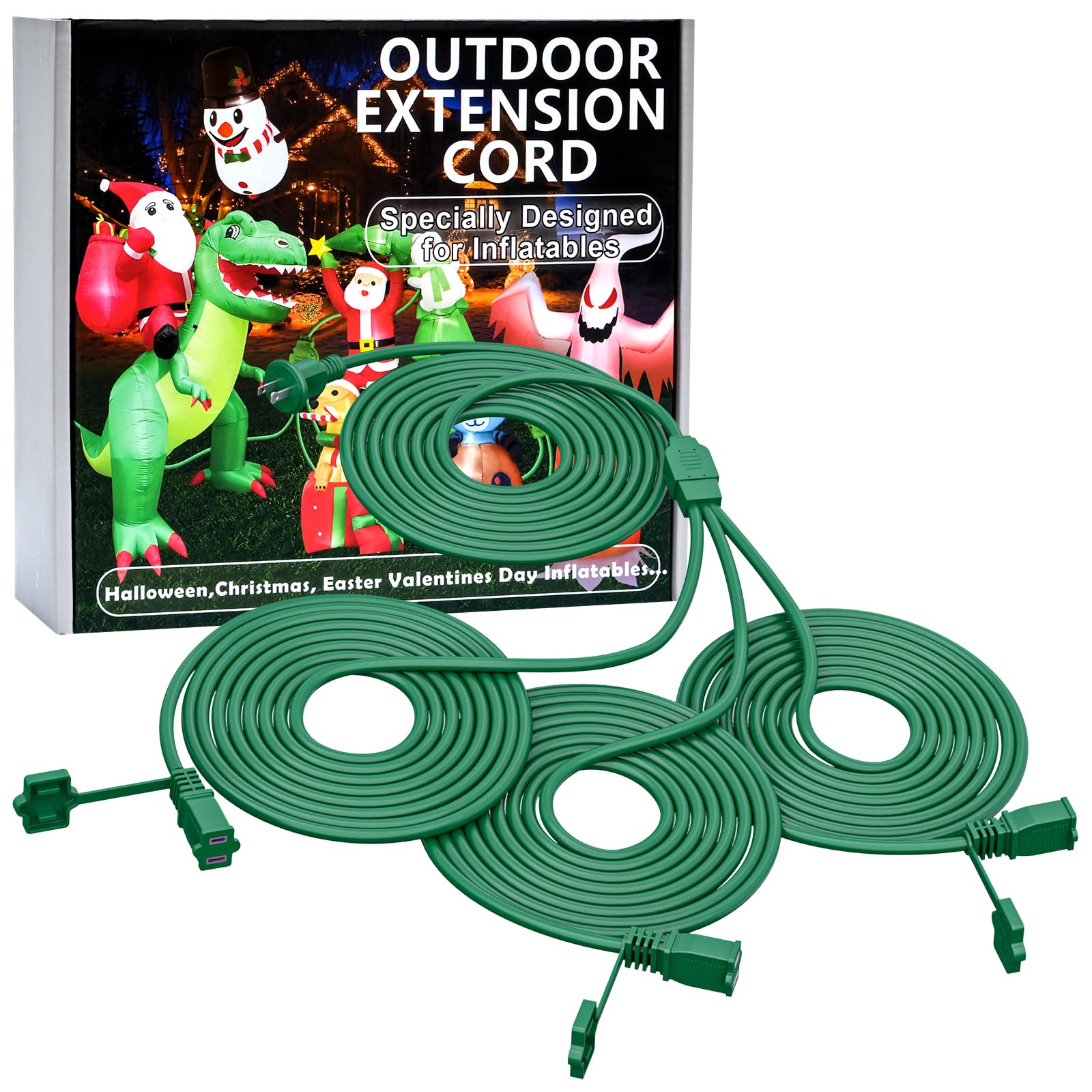 25Ft 3 Outlets Green Outdoor Extension Cords For Halloween Christmas Inflatables Blow Ups Yard Waterproof Outside With Multiple