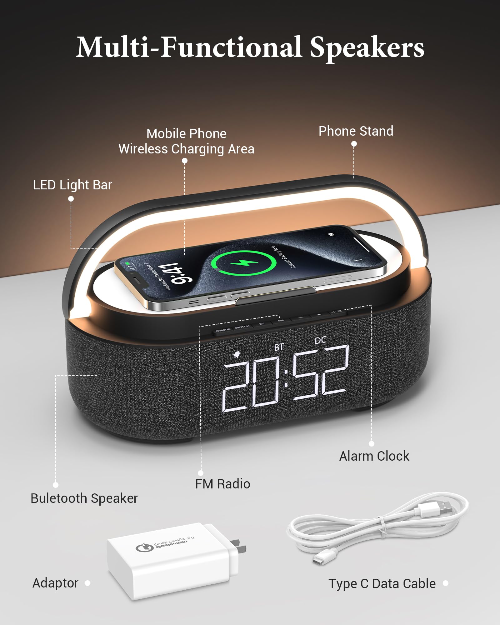 ?2024 Newest?Alarm Clock Radio With Bluetooth Speaker, Stereo Sound Dual Wireless Speakers With Wireless Charger, 2500Mah Batter