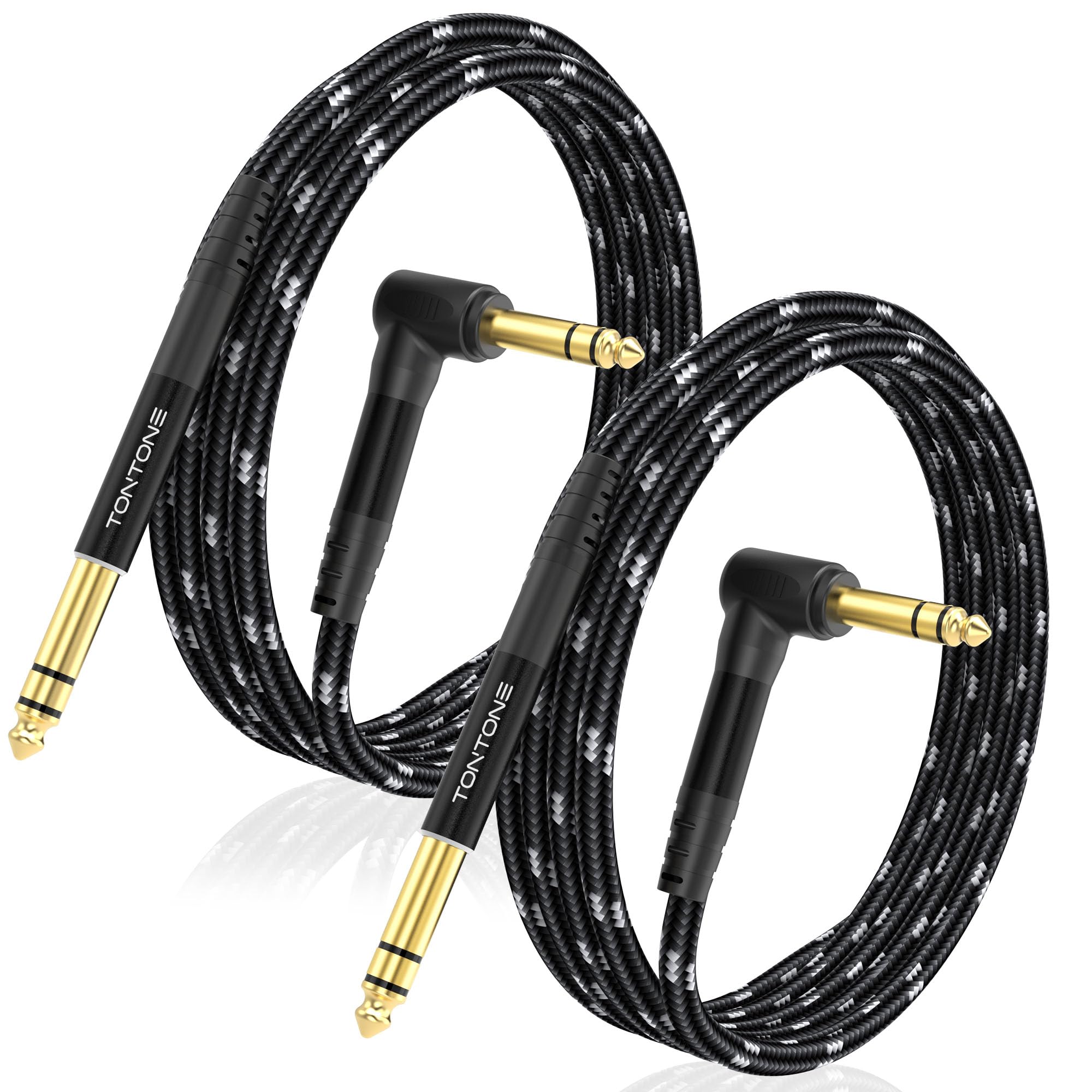 1/4 Inch TRS Cable Right Angle to Straight 2-Pack 10FT, 6.35mm Balanced 1/4 Audio Cable for Electric Guitar Bass Keyboard Mixer 