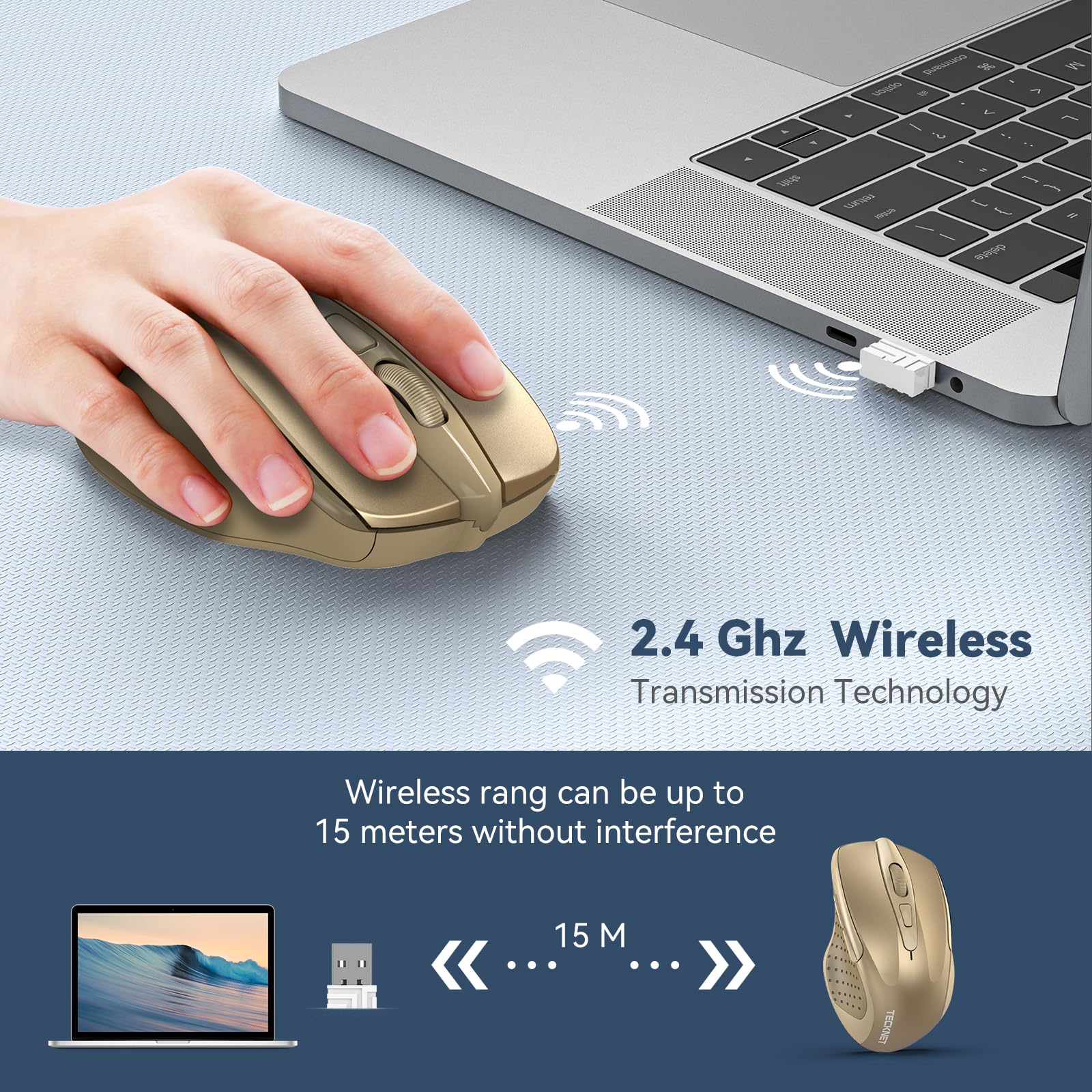 Tecknet Wireless Mouse, 2.4G Ergonomic Optical Mouse, Computer Mouse For Laptop, Pc, Computer, Chromebook, Notebook, 6 Buttons, 24 Months Battery Life, 2600 Dpi, 5 Adjustment Levels