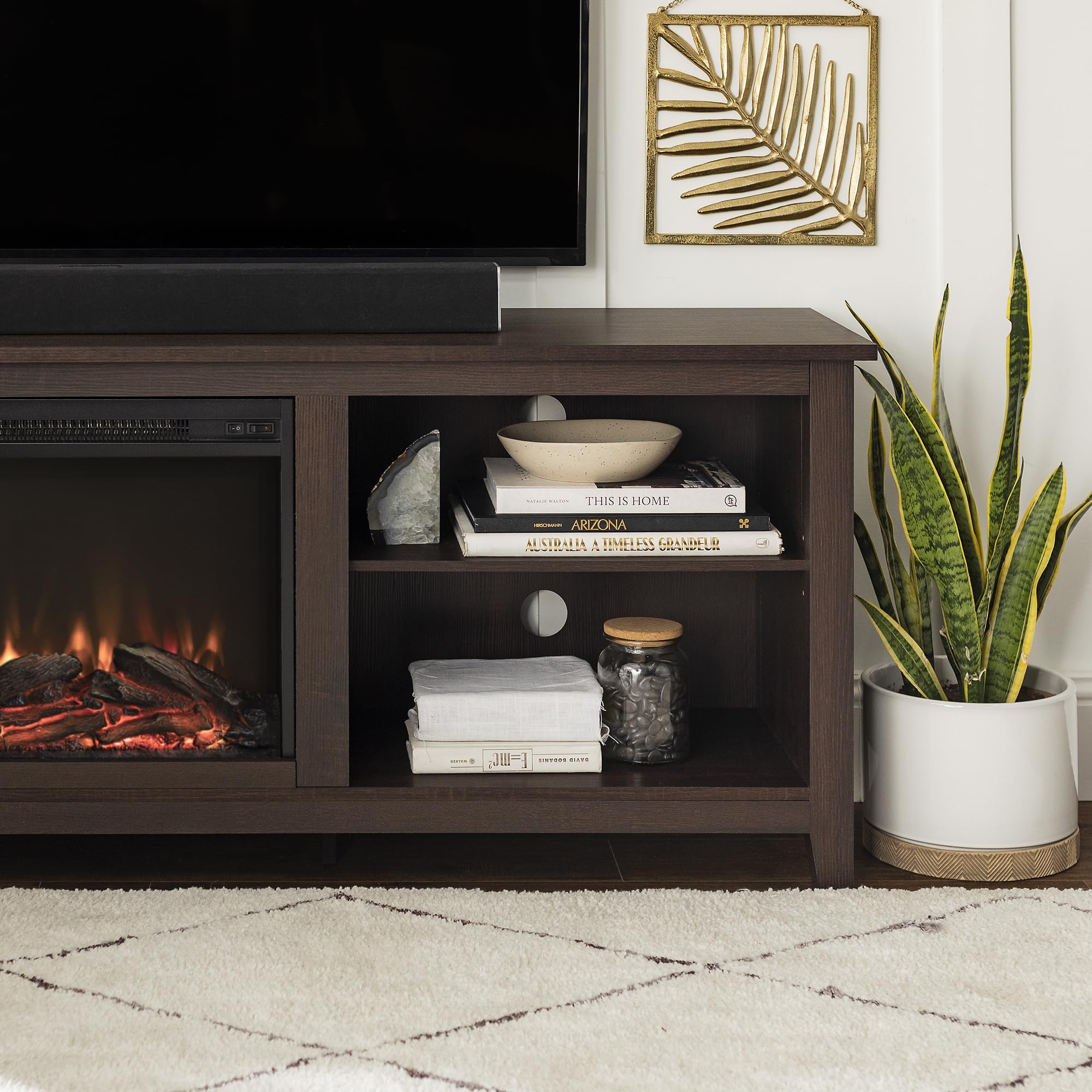 Walker Edison Wren Classic 4 Cubby Fireplace Tv Stand For Tvs Up To 80 Inches, 70 Inch, Espresso