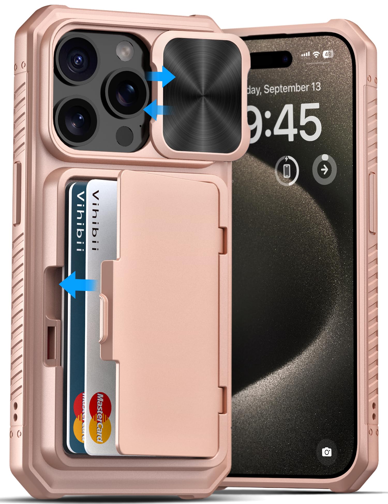 Vihibii For Iphone 15 Pro Case Wallet With Slide Camera Cover, Built In Card Holder (4 Cards) & Kickstand, Heavy Duty Shockproof