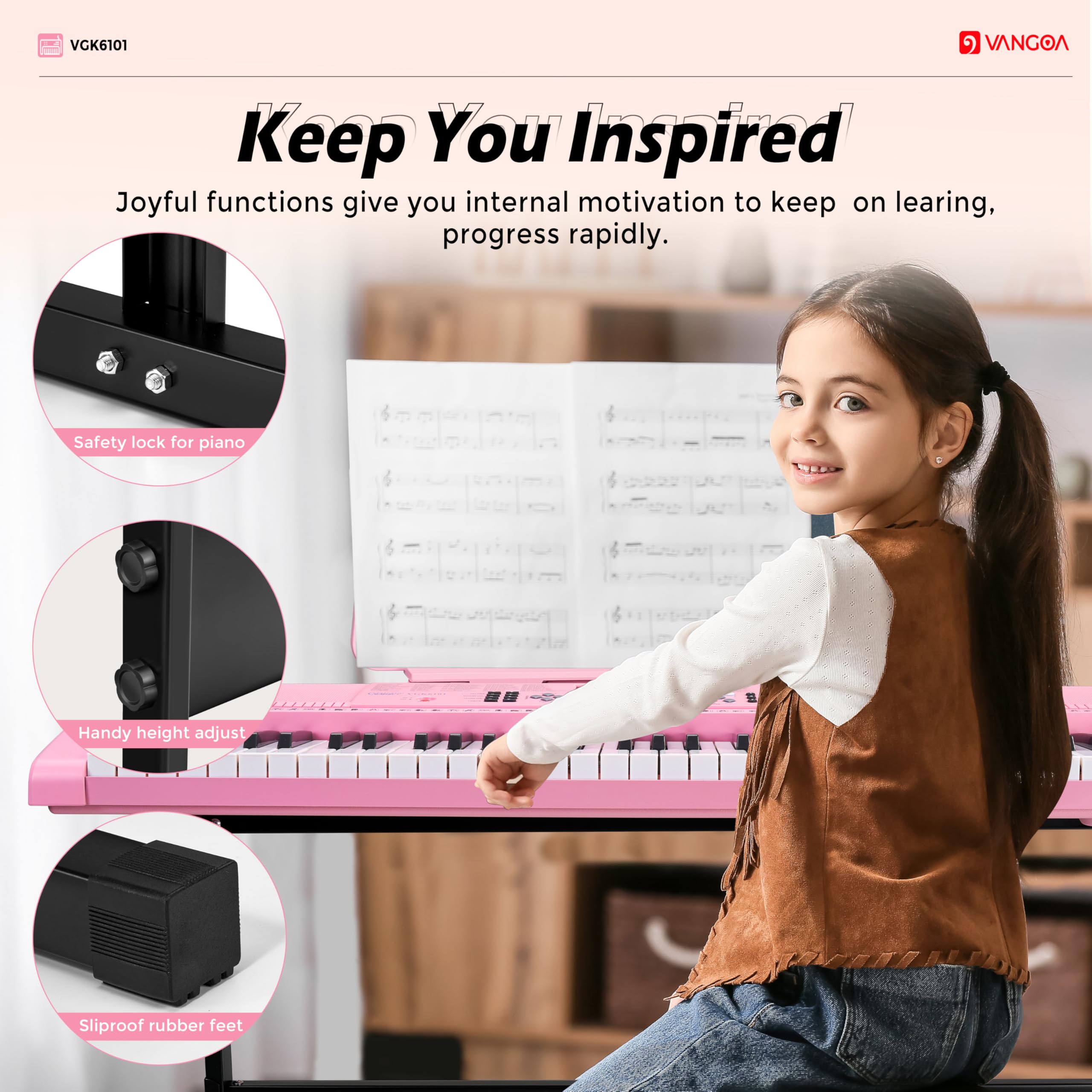 Vangoa Pink Piano Keyboard 61 Key, Electric Keyboard Kit Portable Music Keyboard For Kids Students With Microphone, 600 Tones, 4