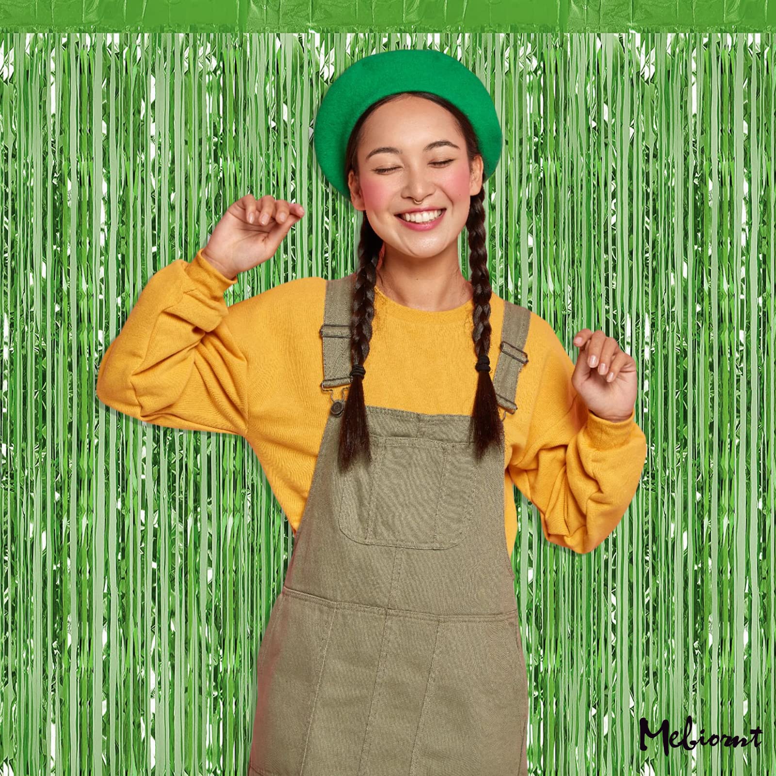 4 Pack Fringe Curtain Backdrop, 3.2Ft X 8.2Ft Light Green Metallic Tinsel Foil Fringe Streamers Background For Photo Booth Birth