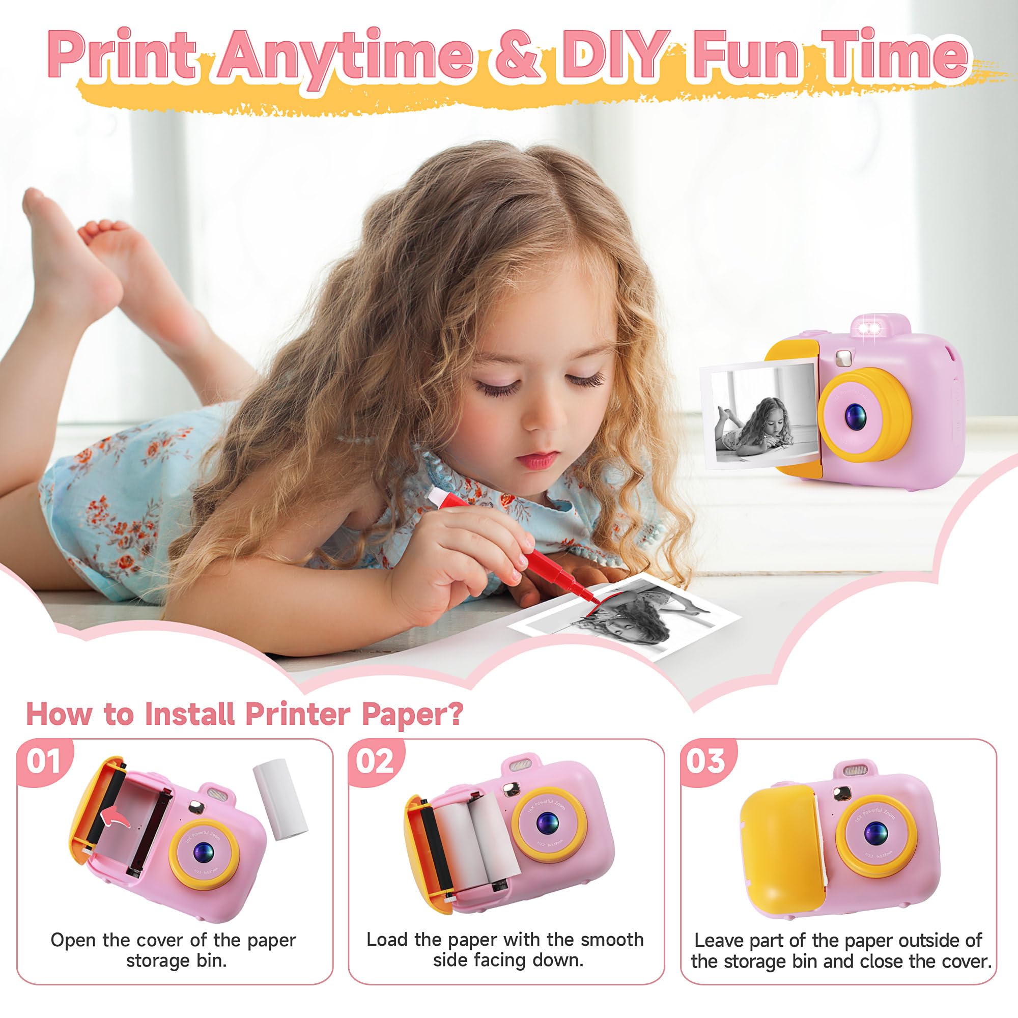 Kids Camera Instant Print For Girls Boys Age 3 12 Kids Toys, 12Mp 1080P Kids Digital Cameras Christmas Birthday Gifts For 4 5 6