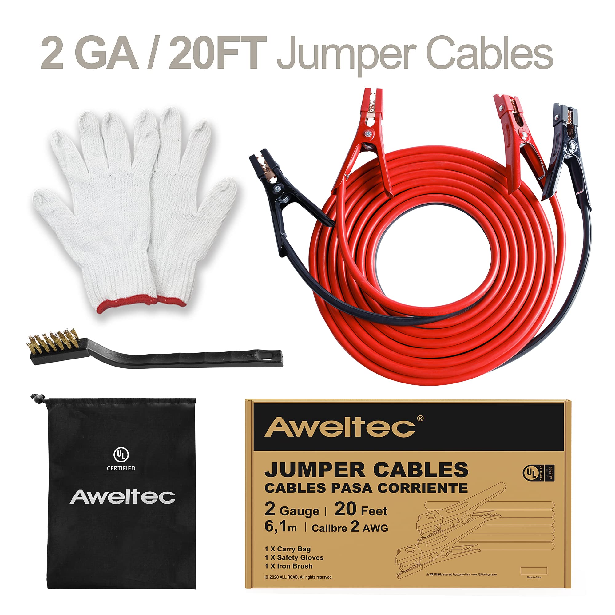 Aweltec Ul Listed Jumper Cables   2 Gauge 20 Feet Battery Jumper Cables For Car, Heavy Duty Booster Cables (2Awg X 20Ft) With Ca