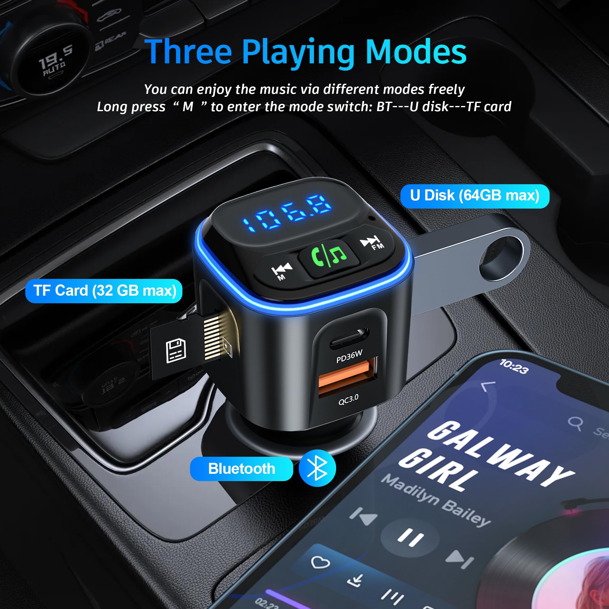 Sonru Bluetooth 5.3 Fm Transmitter Car Adapter [Pd36W & Qc18W] [Fast Charging] Wireless Radio Adapter Hifi Bass Sound Hands Free