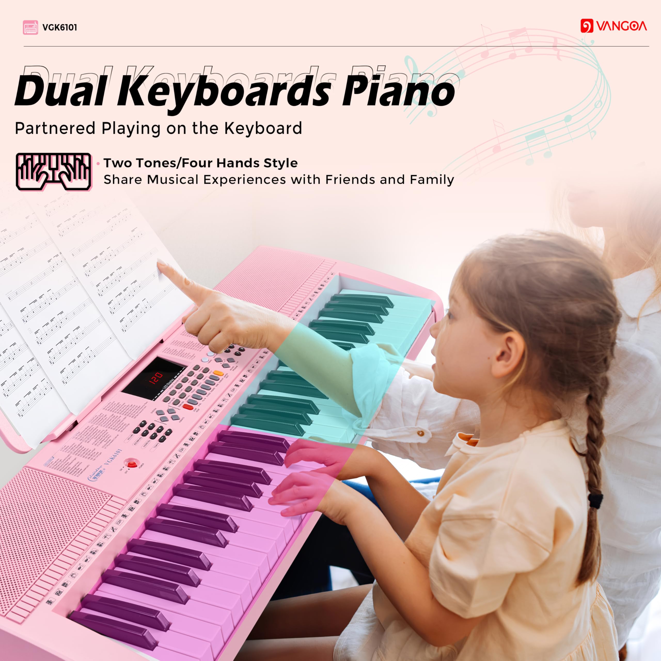 Vangoa Pink Piano Keyboard 61 Key, Electric Keyboard Kit Portable Music Keyboard For Kids Students With Microphone, 600 Tones, 4