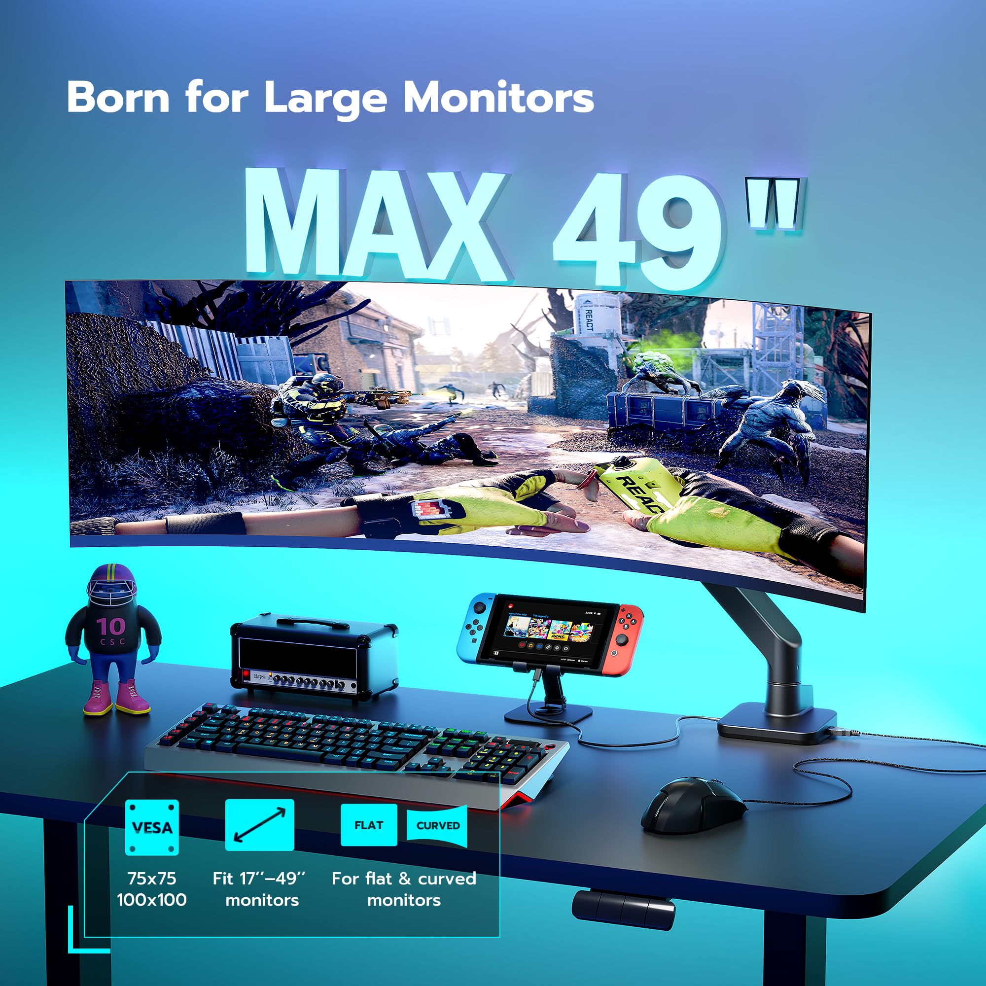 Ares Wing Single Monitor Mount With Usb A/C, Ultrawide Monitor Arm For 17 To 49 Inch Heavy Duty Monitor, Holds 44 Lbs, Adjustabl