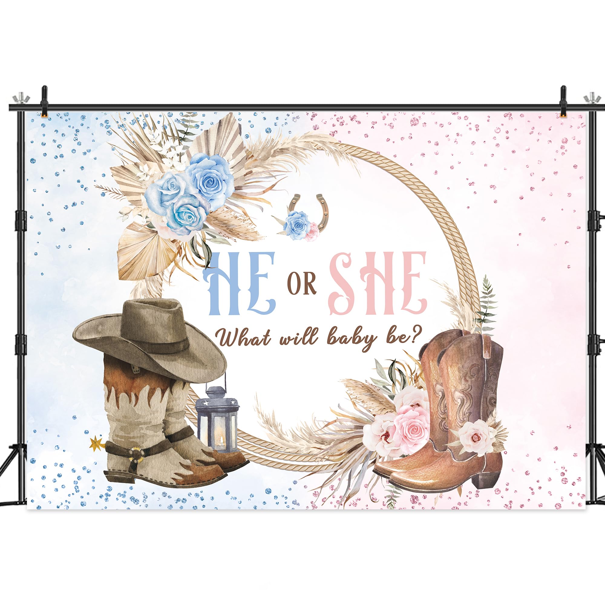 Lightinhome Cowboy Or Cowgirl Gender Reveal Backdrop 7Wx5H Feet For Rustic Farmhouse Flower Floral Pampas Boots Western Country
