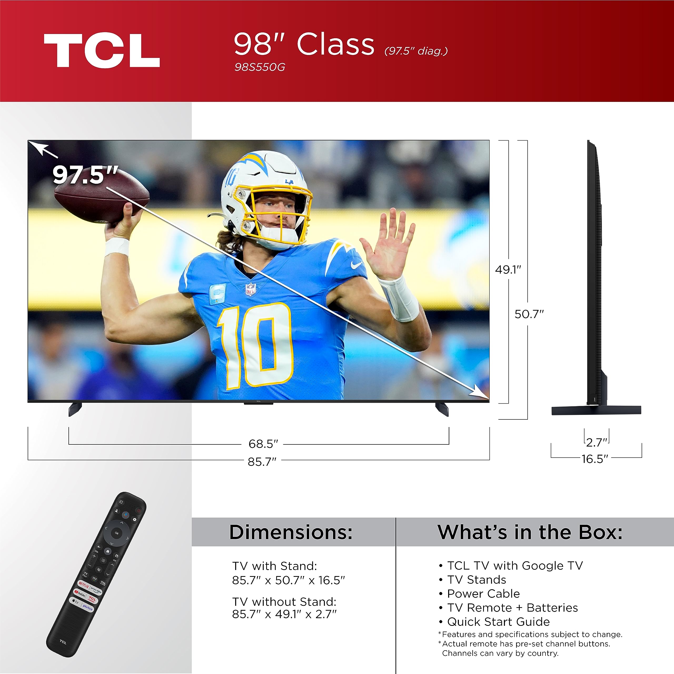 Tcl 98 Inch Class S5 4K Led Smart Tv With Google Tv (98S550G, 2023 Model), Dolby Vision, Hdr Ultra, Dolby Atmos, Google Assistan