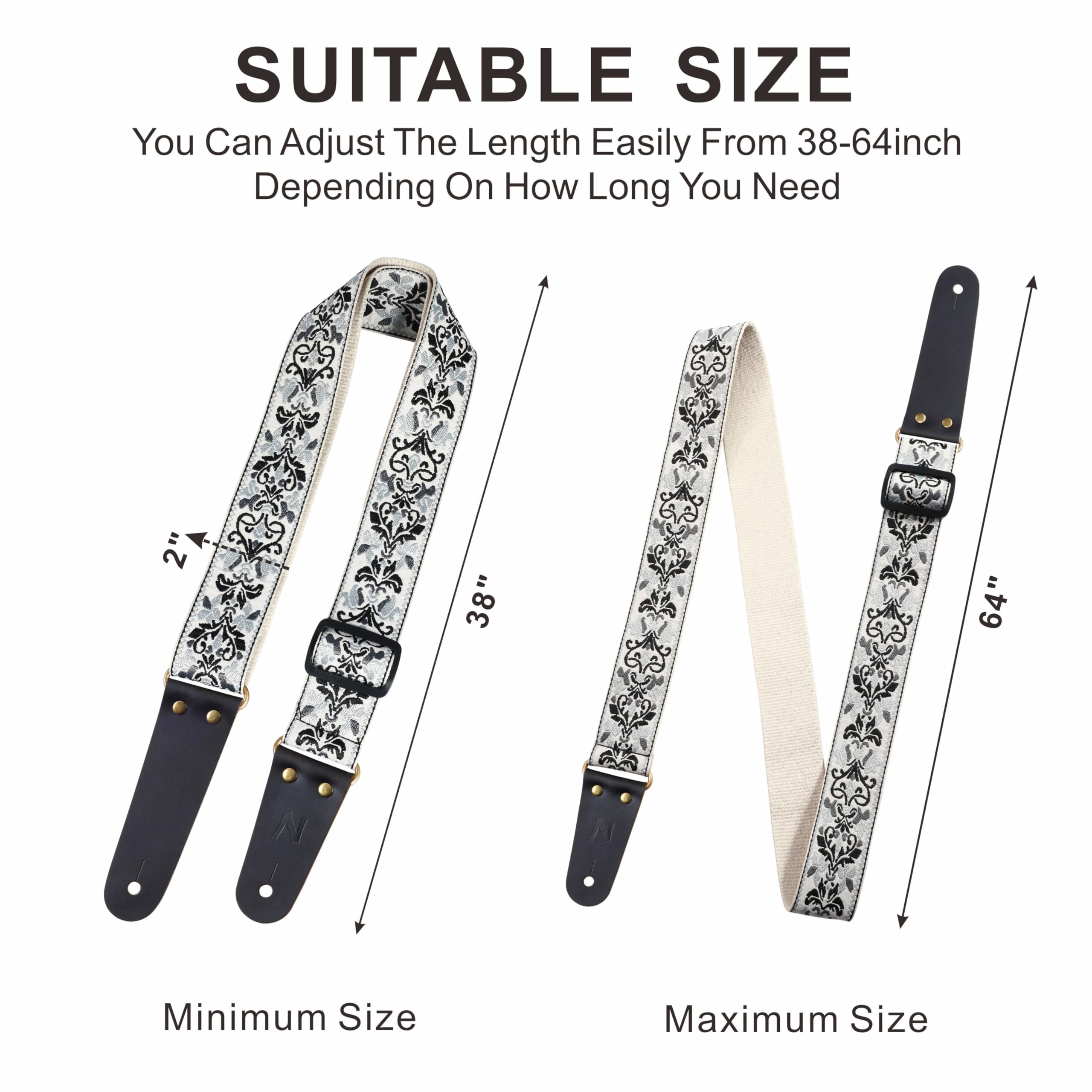 Nefelibata Guitar Strap, Embroidered Cotton Guitar Straps With Head Cowhide Leather Ends For Bass, Electric & Acoustic Guitar, W
