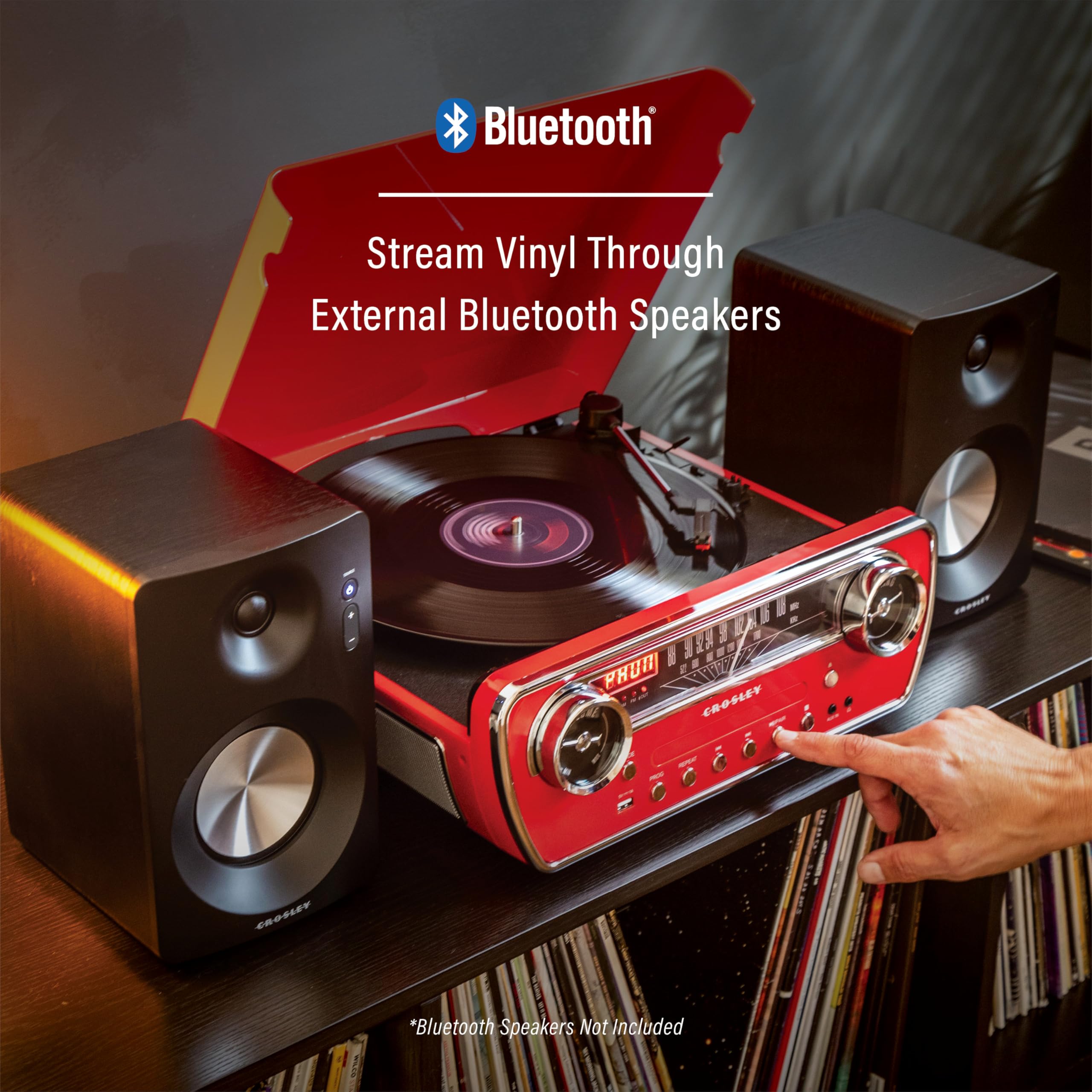 Crosley Cr6047A-Re Powel 7-In-1 Bluetooth In/Out Vinyl Record Player With Am/Fm Radio, Cd Player, And Aux-In, Red