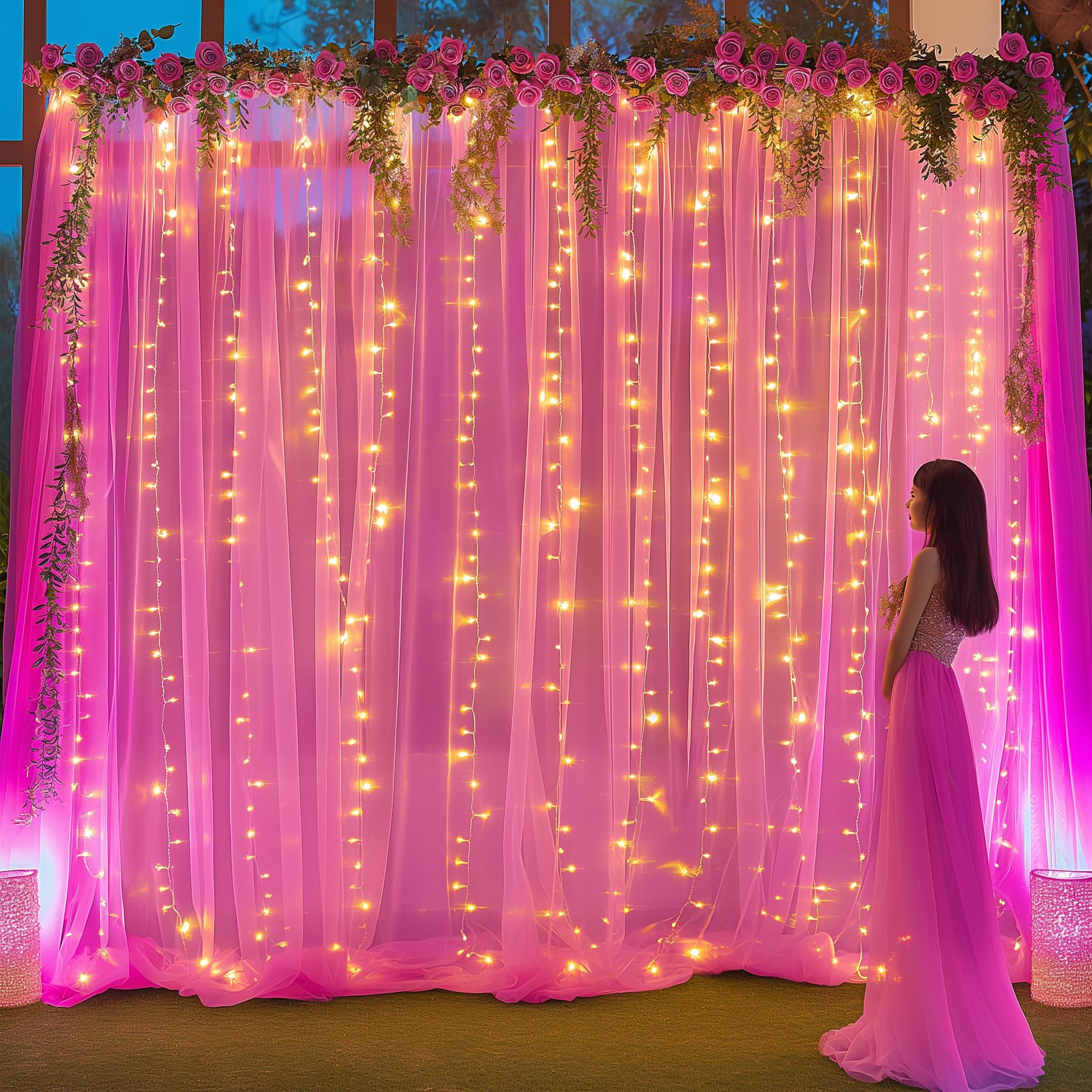 10  10Ft Hot Pink Tulle Backdrop Curtain With Lights String For Parties, Sheer Curtain Backdrop Drapes For Wedding Party Home De