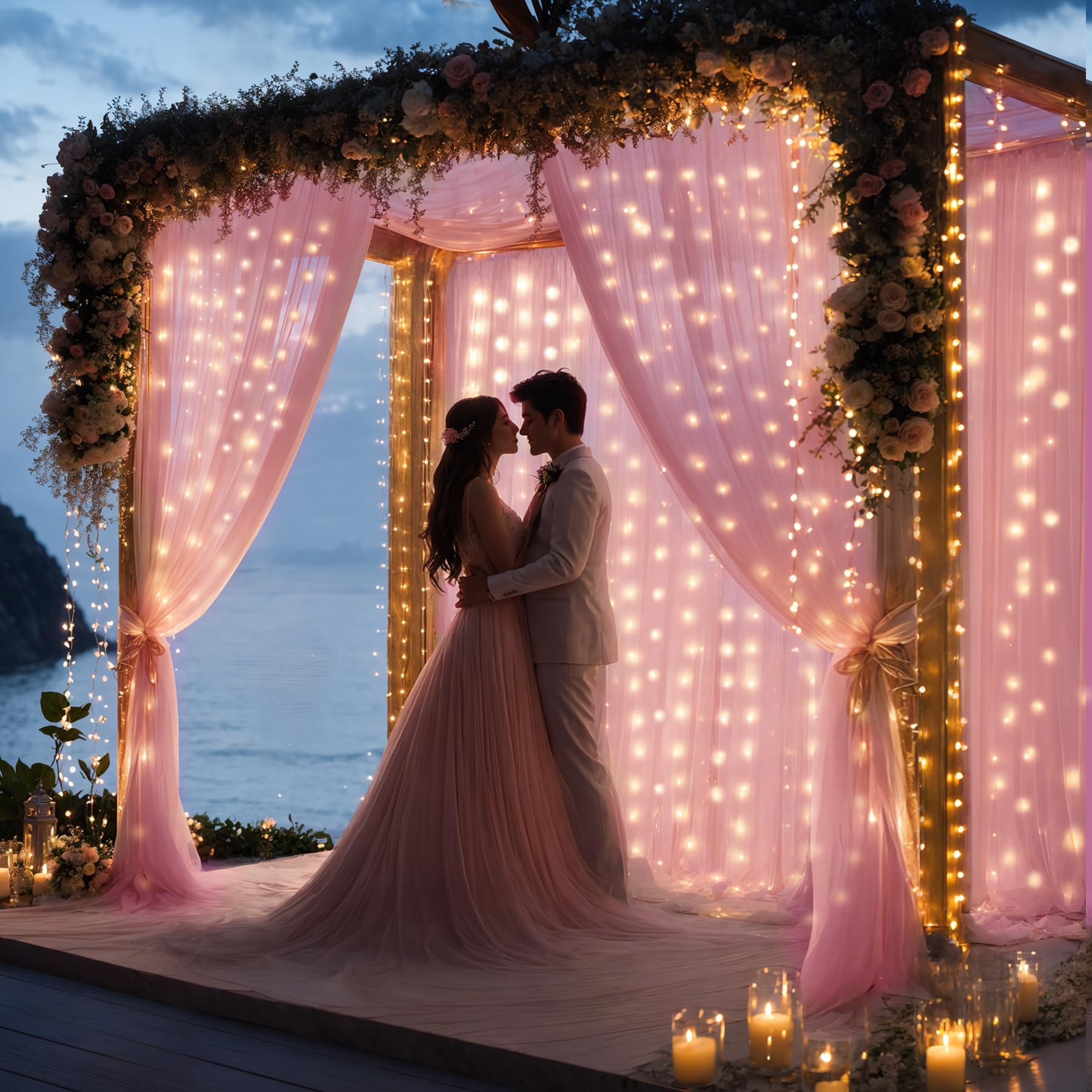 10Ft X 10Ft Pink Sheer Tulle Backdrop Curtains With Lights String For Party Wedding Wrinkle Free Curtain Backdrops Drapes For Ba