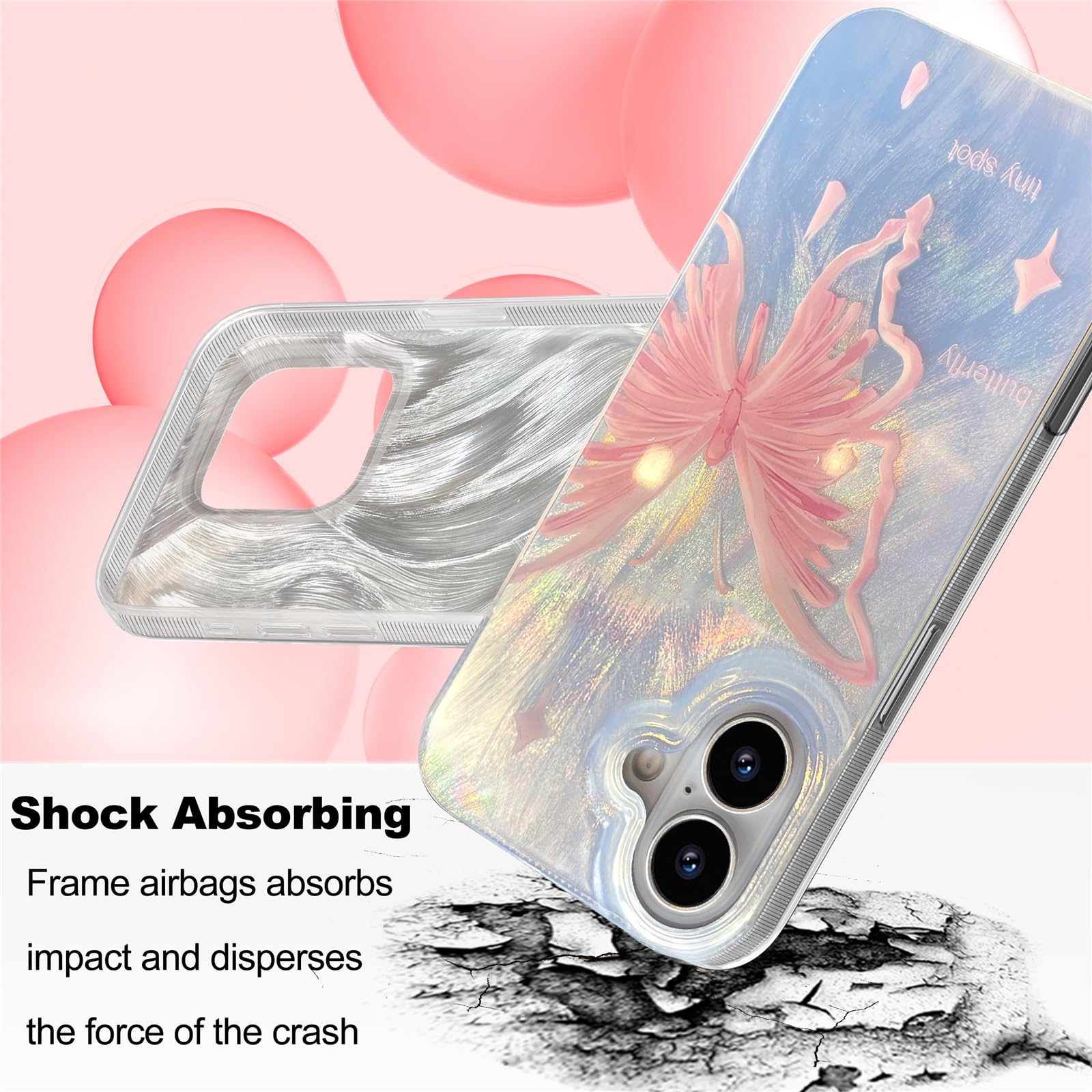 I Mgae In Ar Compact Case For Iphone 16 Plus Pale Pink Butterfly Design,Cute Trendy Soft Slim Tpu Shockproof Protective Phone Ca