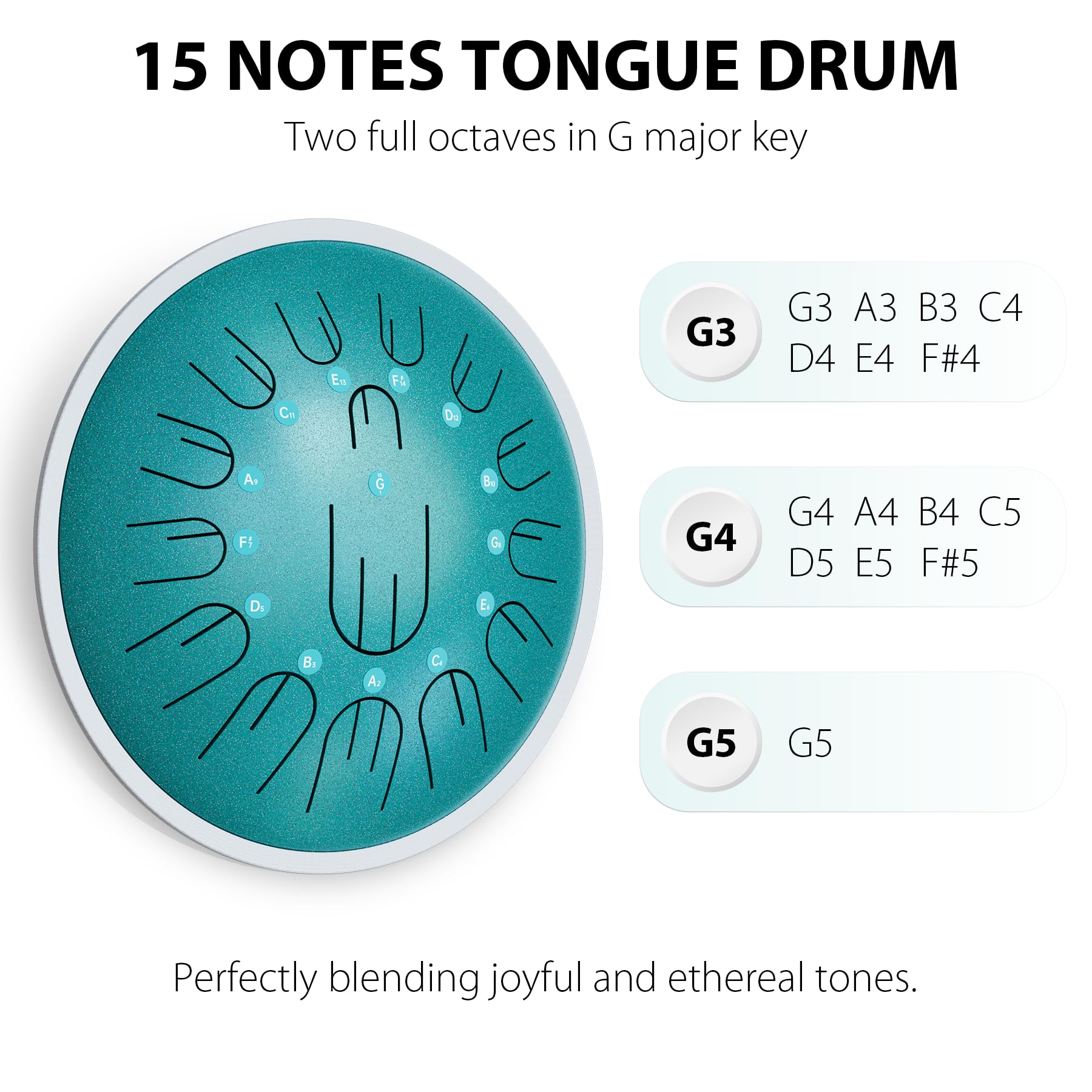 Steel Tongue Drum, 14 Inch 15 Notes Steel Hanpan Tongue Drum, G Major Tongue Drum With 2 Full Octaves, Steel Handpan Drums Malle