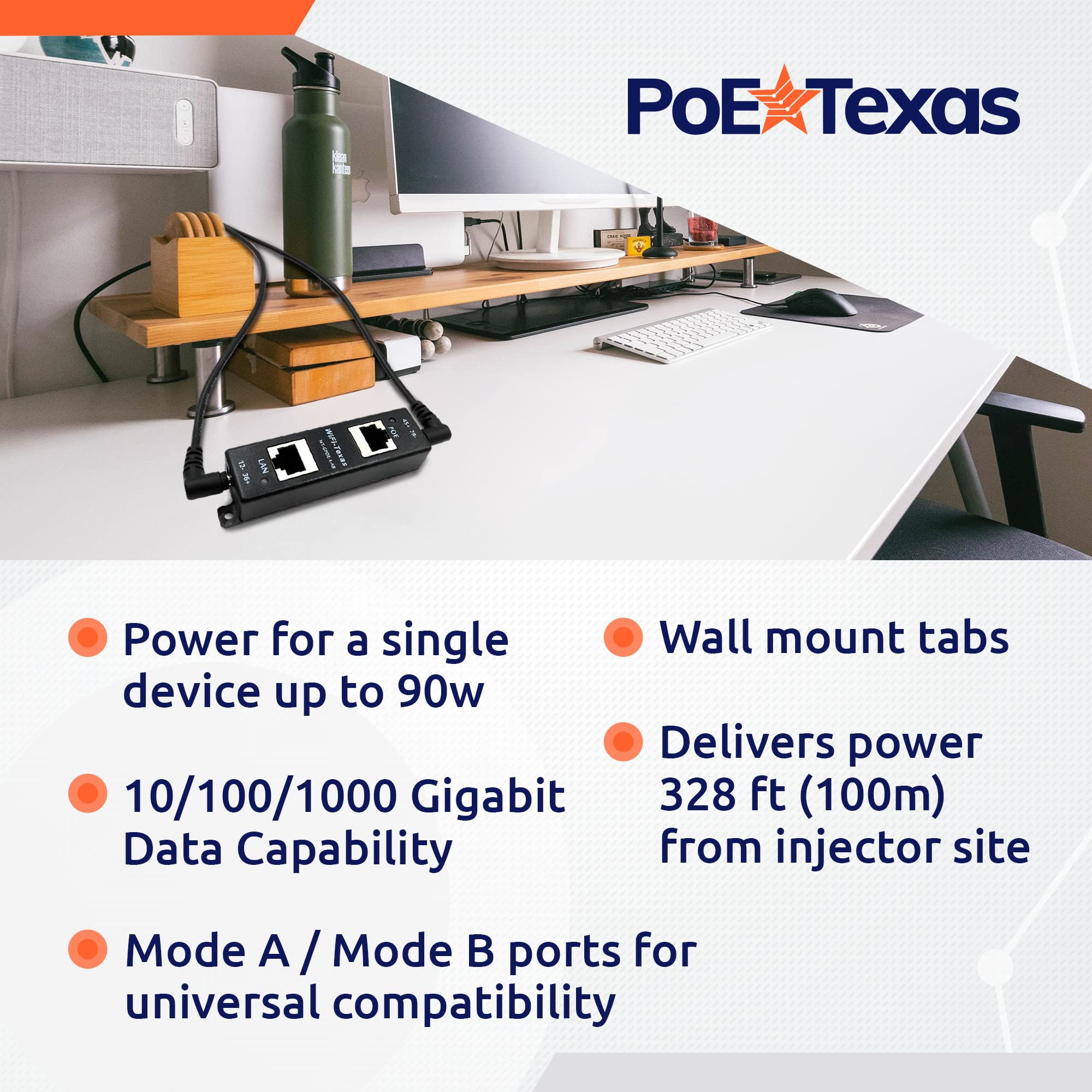 Poe Texas Poe Injector   Single Port 4 Pair Poe+ Injector/Splitter   Power Over Ethernet Passive Poe Adapter For 802.3Af / Poe+ / Poe++ 10/100/1000 Gigabit Data   Mode A/B Wall Mount Plug & Play