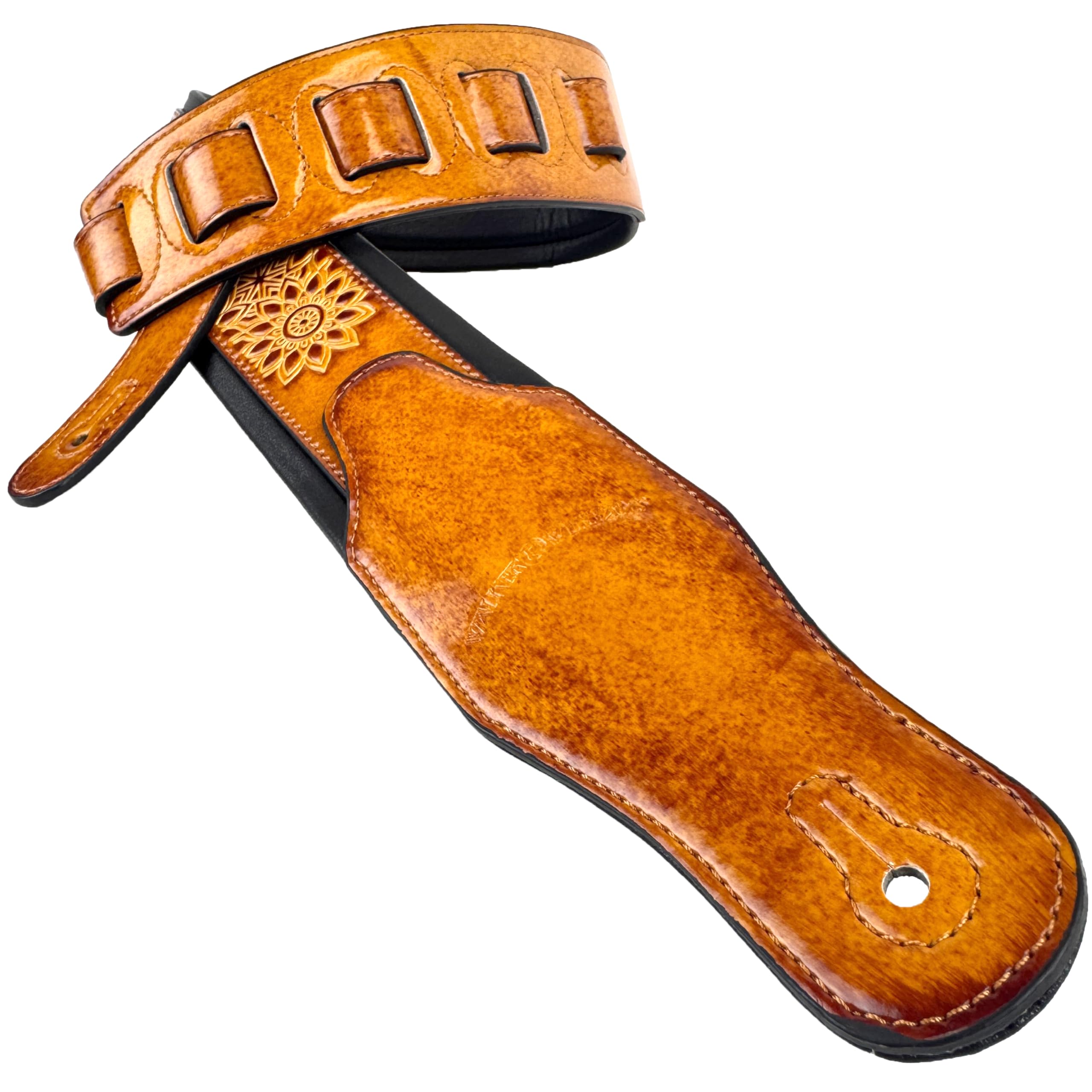 Walker & Williams GB-34 Latigo Tan Padded Leather Strap with Zodiac Star Pattern For Acoustic, Electric, And Bass Guitars
