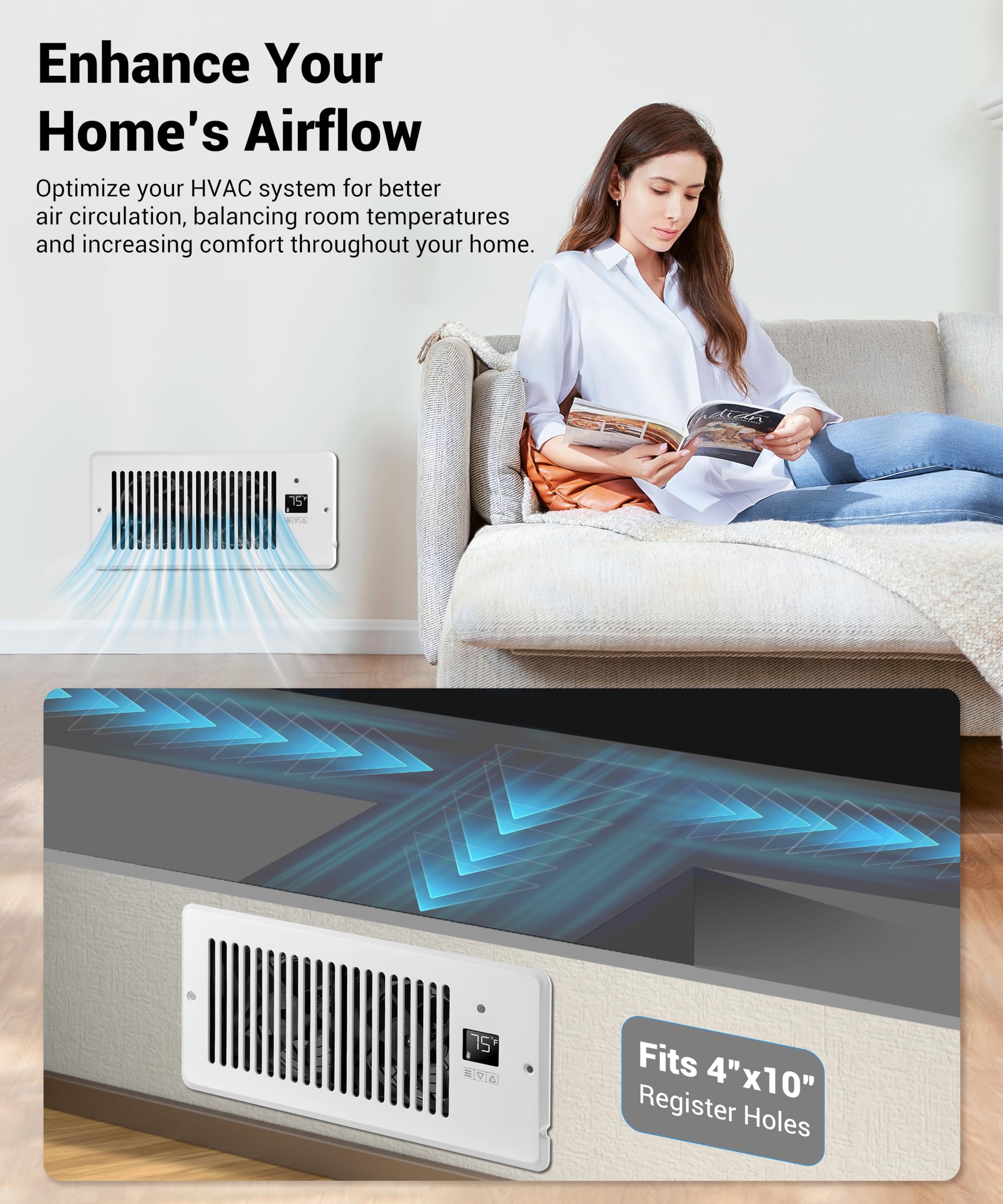 Xtop Window Register Booster Vent Fan For 4 '' X 10 '' Register Hole, Vent Booster Fan With Lcd Display & Thermostat,11-Speeds H