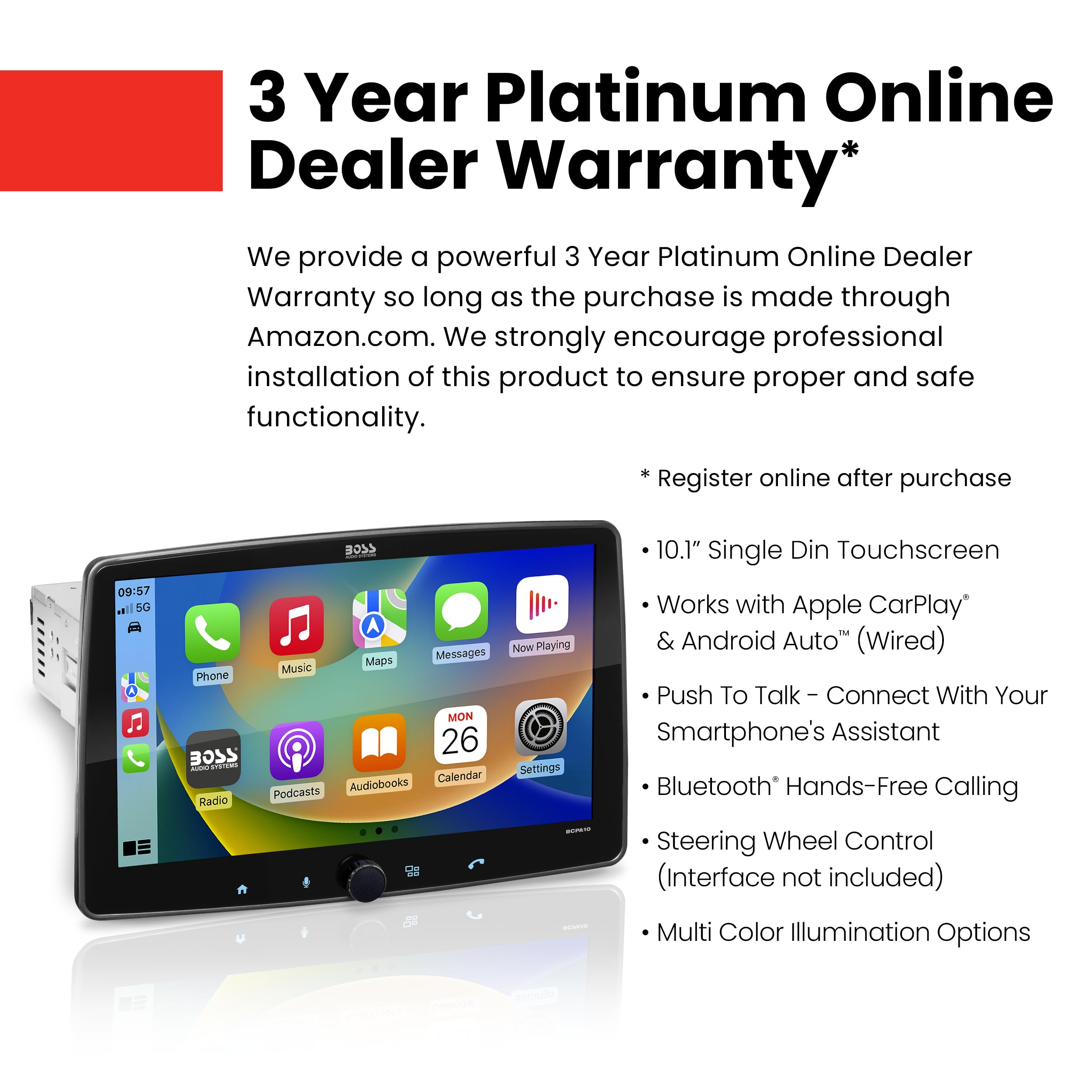 Boss Audio Systems Bcpa10 Car Stereo   Apple Carplay, Android Auto, Single Din, 10.1 Inch Touchscreen, Bluetooth, No Cd Dvd Play