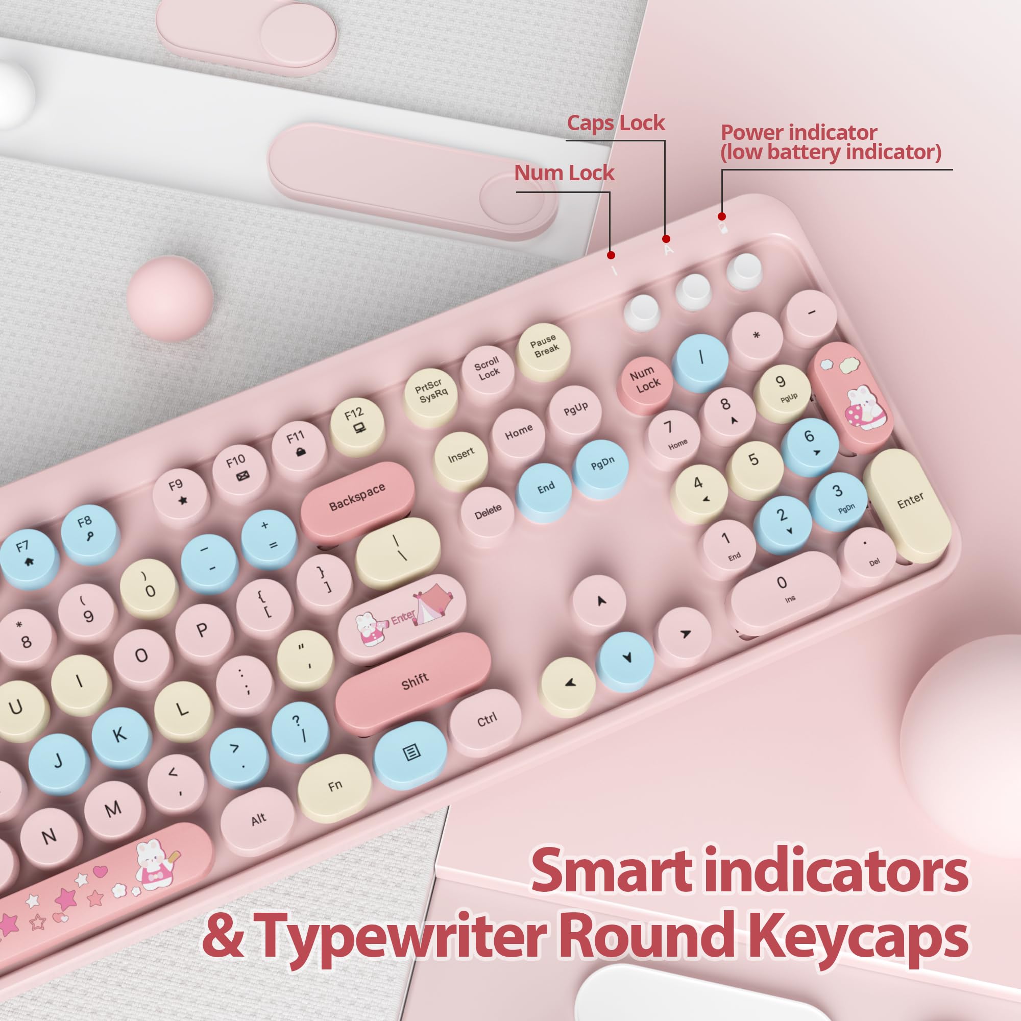 Fogruaden Pink Keyboard And Mouse Wireless, Retro Typewriter Keyboard, 2.4Ghz 104 Keys Full Size Cute Keyboard With Number Pad,