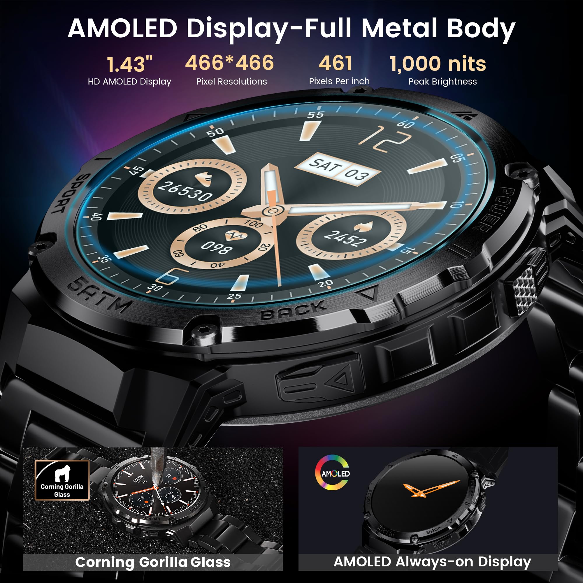 Hidamel Smart Watches For Men Gps, Pressure,Altitude,Compass, 480Mah Extra Large Battery, 50M Waterproof, Full Metal Body Rugged