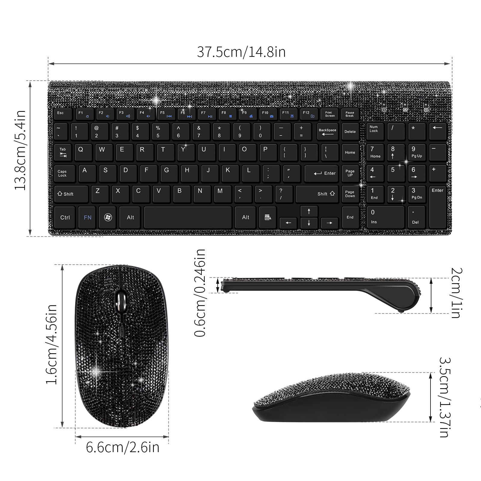 Dazzling Luxury Keyboard And Mouse Wireless, Sparkly Bling Rhinestone Wireless Mouse And Keyboard Gift Set (Black)