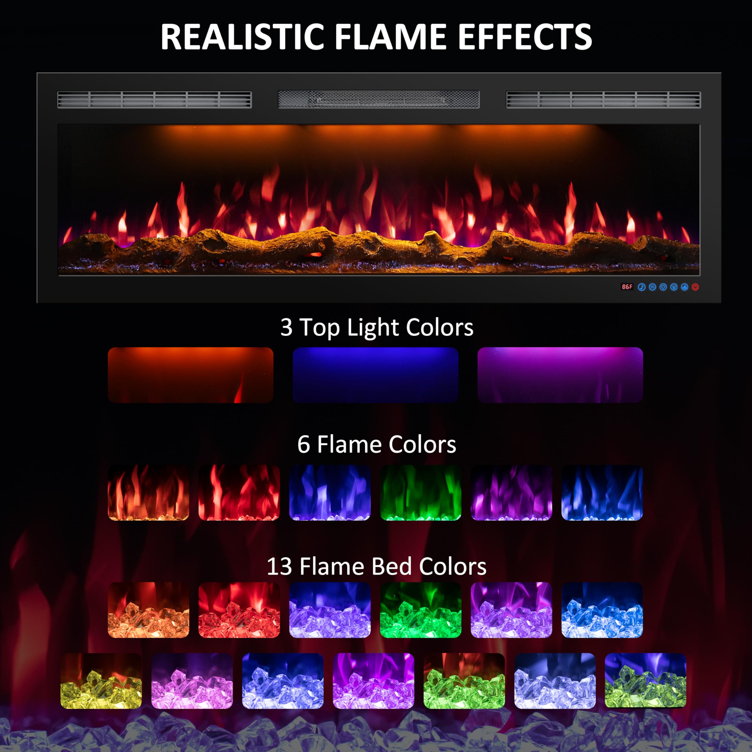 Mystflame 72 Inch Wifi-Enabled Electric Fireplace Inserts & Wall Mounted, Slim Electric Fireplace Heater, 750/1500W, Adjustable