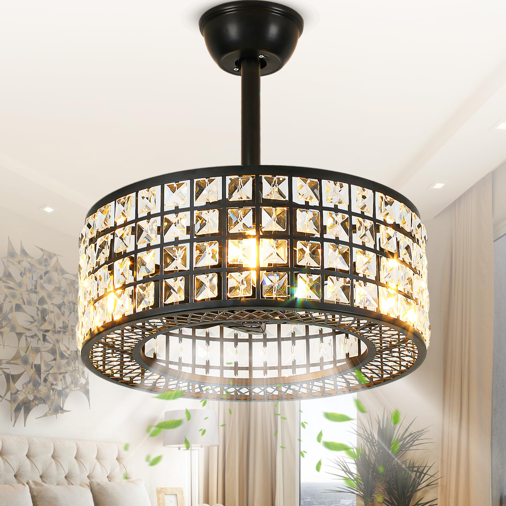 DWVO 18 Crystal Caged Ceiling Fans with Lights, Enclosed Modern Ceiling Fan with Remote Control Reversible Industrial Chandelier