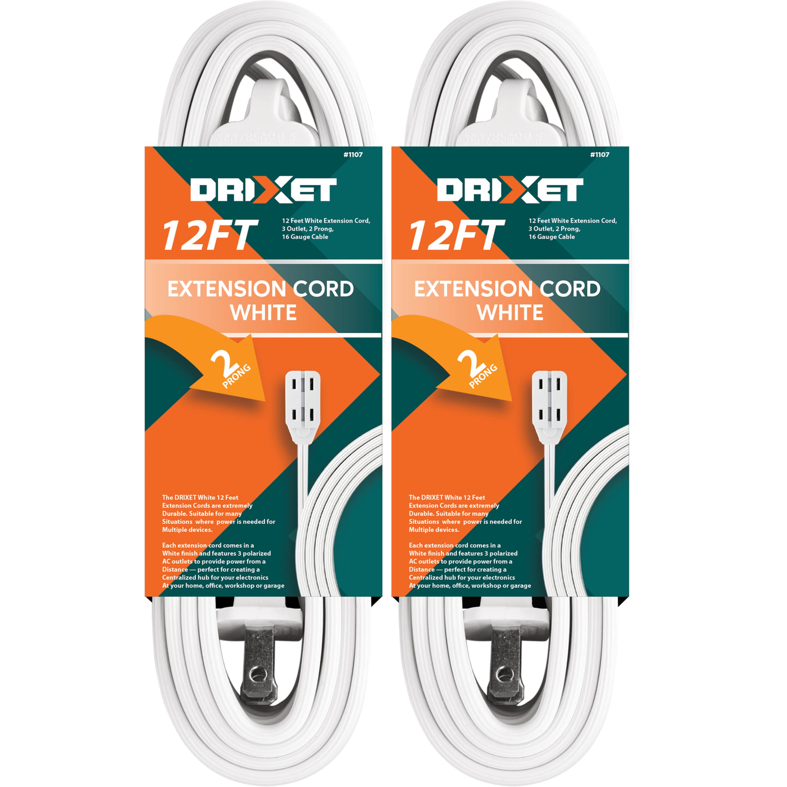 [Ul Listed] 12 Feet White Extension Cord, 3 Outlet, 2 Prong, 16 Gauge Cable, 3 Receptacle Cube Tap, Indoor Use (Pack Of 2)   By