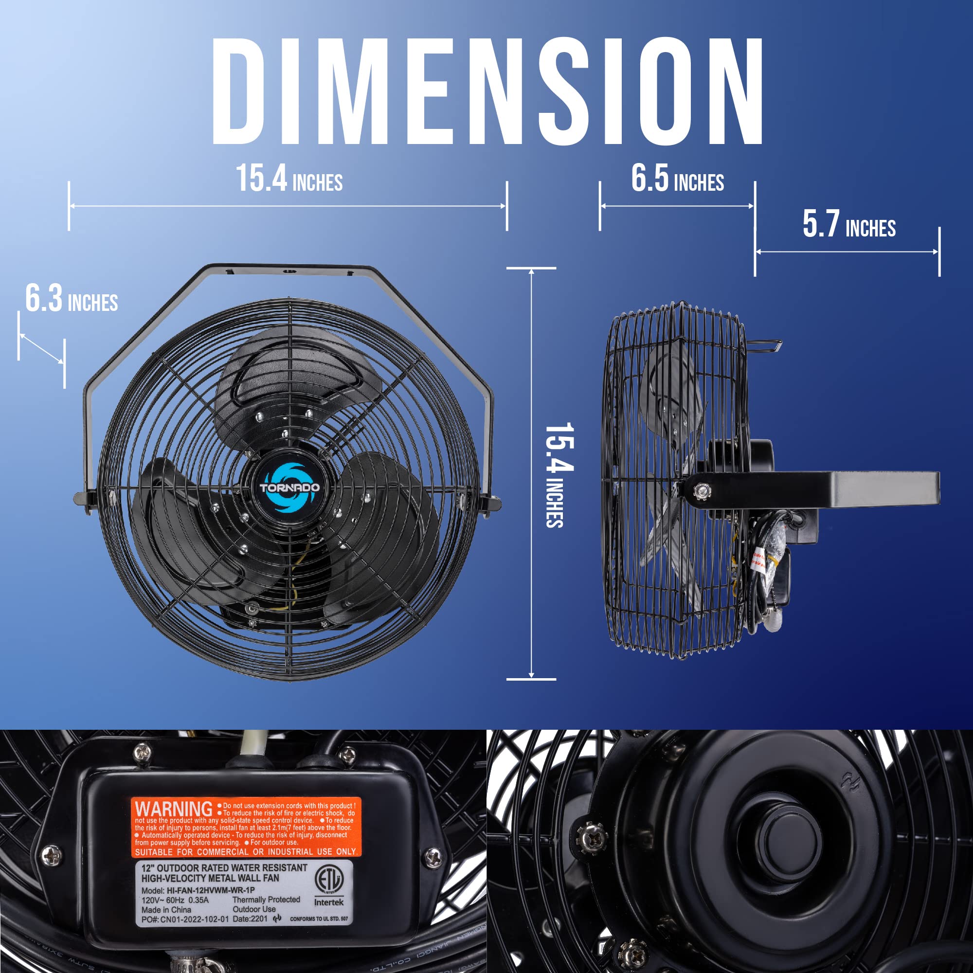 Tornado 12 Inch Outdoor Rated Ipx4 Water Resistant High Velocity Metal Industrial Wall Mount Fan For Commercial, Industrial, Res