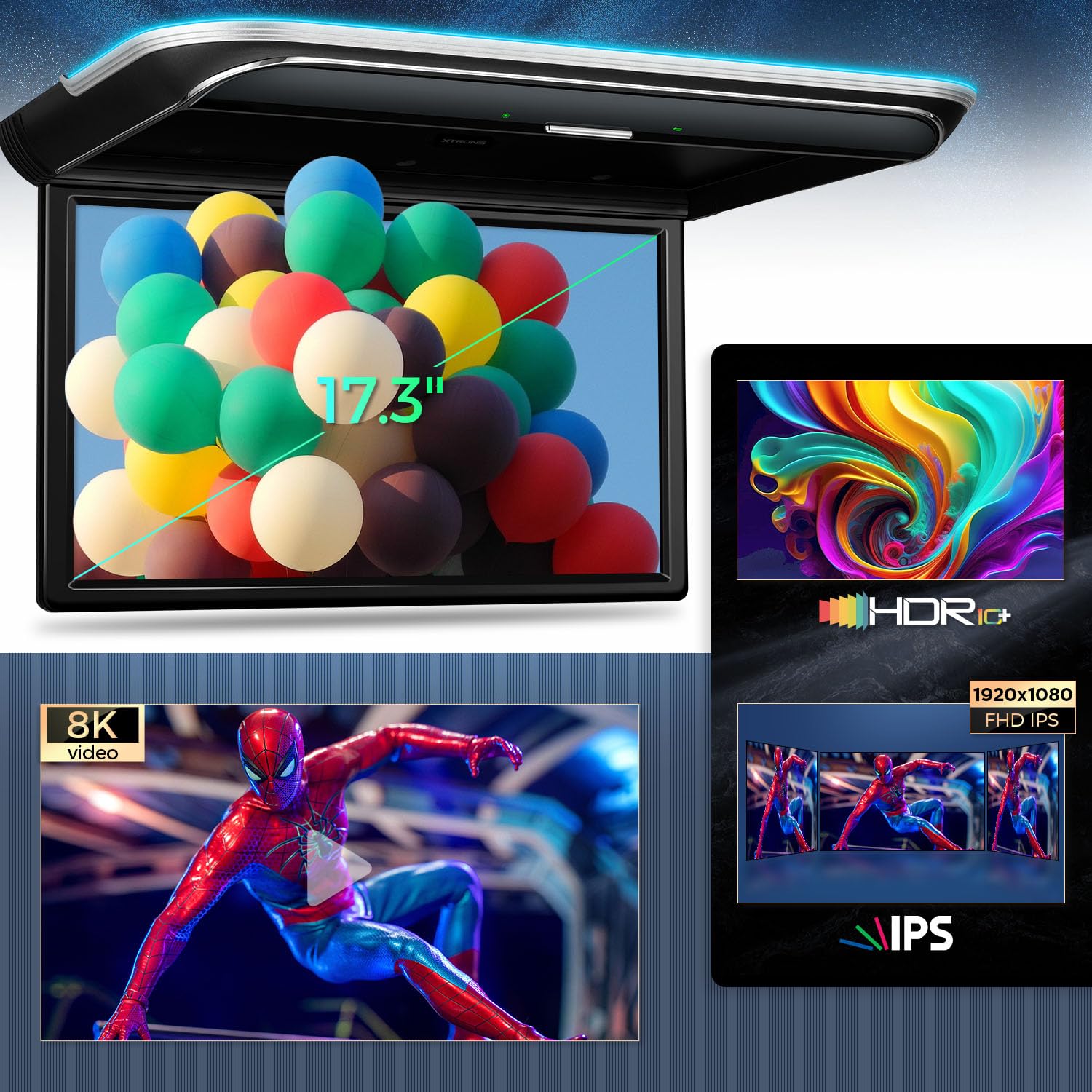 Xtrons Android Car Overhead Player 17.3 Inch Wide Ips Screen 8K Video Car Roof Mount Monitor With Built In Stereo Speakers Flip