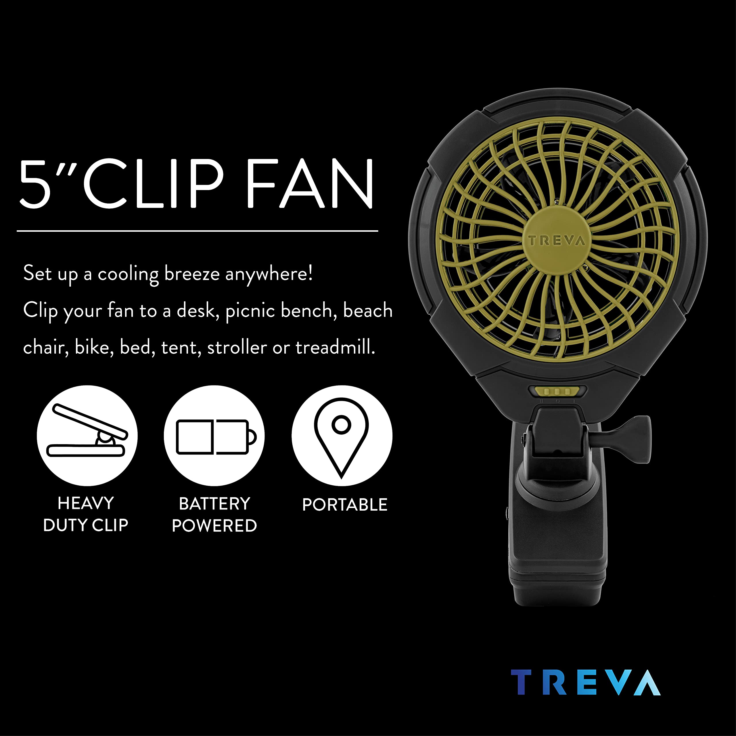 Treva 5 Inch Battery Powered Clip Slim And Portable Cooling Fan With Clamp For Travel, Outdoor,Camping, Car, Office Desk, Baby S