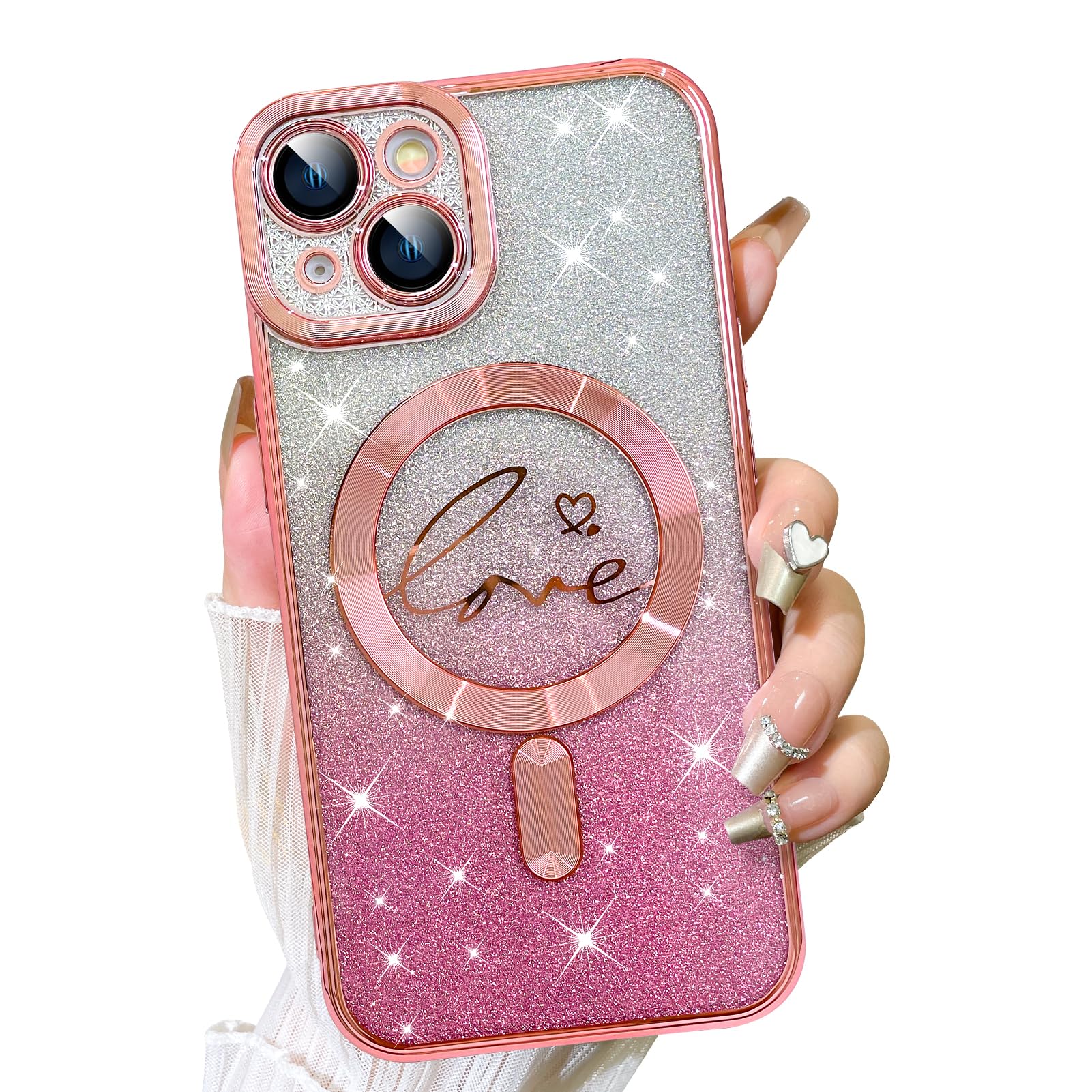 Fiyart Designed For Iphone 14 Plus Case,Compatible With Magsafe Love Heart Plating Camera Protection Clear Phone Case, Magnetic