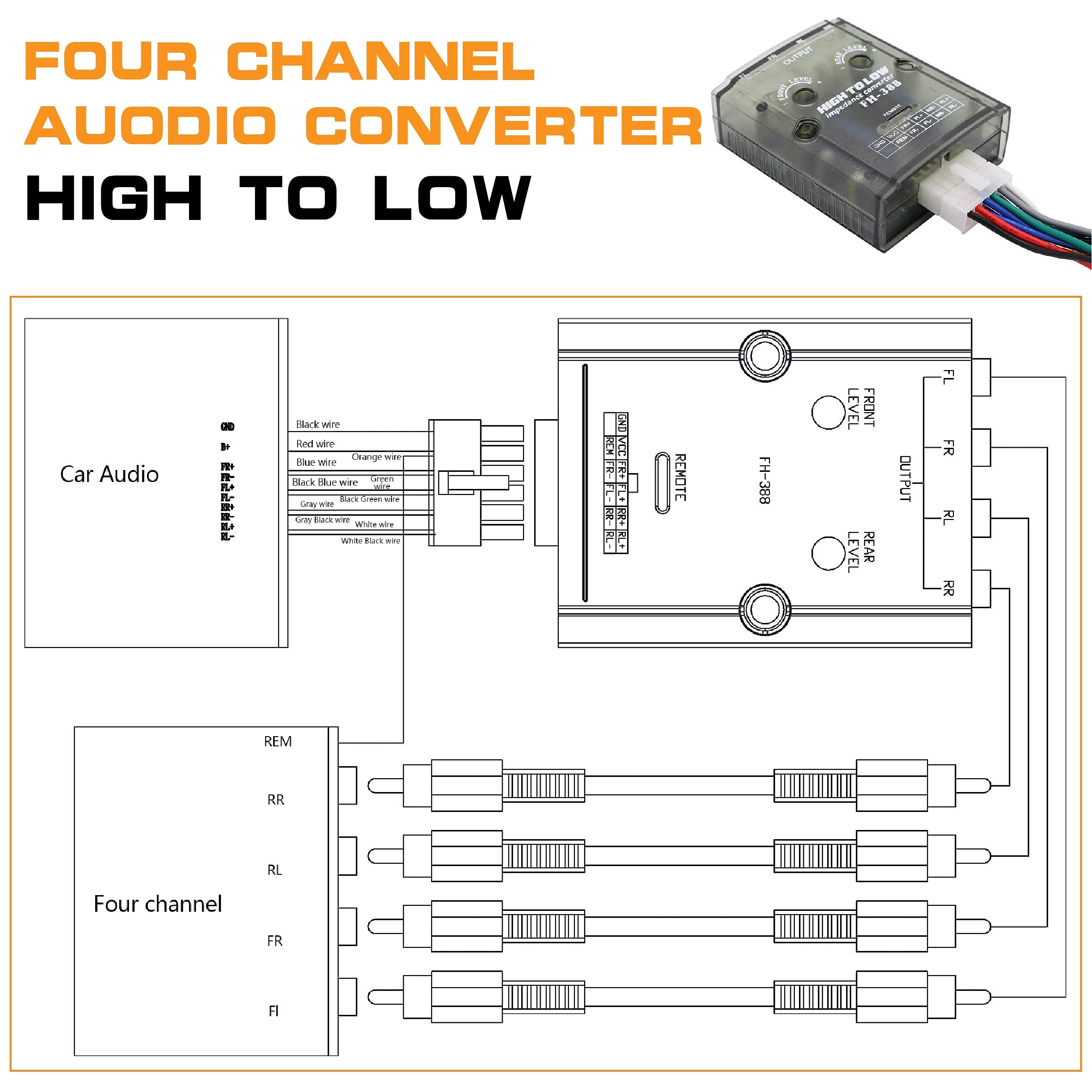 Welugnal 4 Channel Car Stereo Audio Speak Delay Signal Hi Low Converter For Auto Amp Subwoofer Amplifier Cd Player High To Low Adapter Line Output Converter