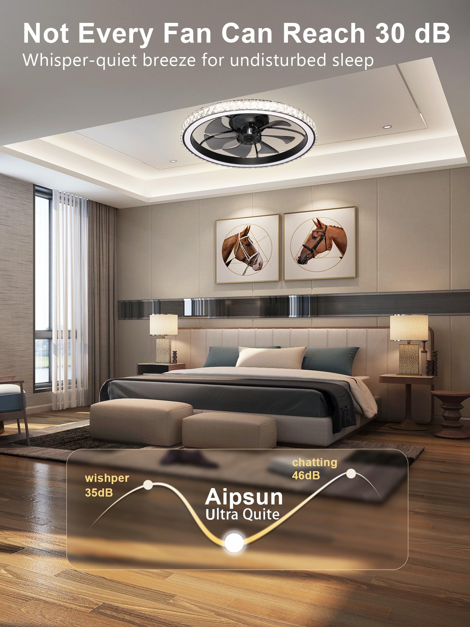 Aipsun Low Profile Modern Crystal Chandelier Ceiling Fans With Lights And Remote, 3000K-6500K Smart Bladeless Led Fan Light, 26