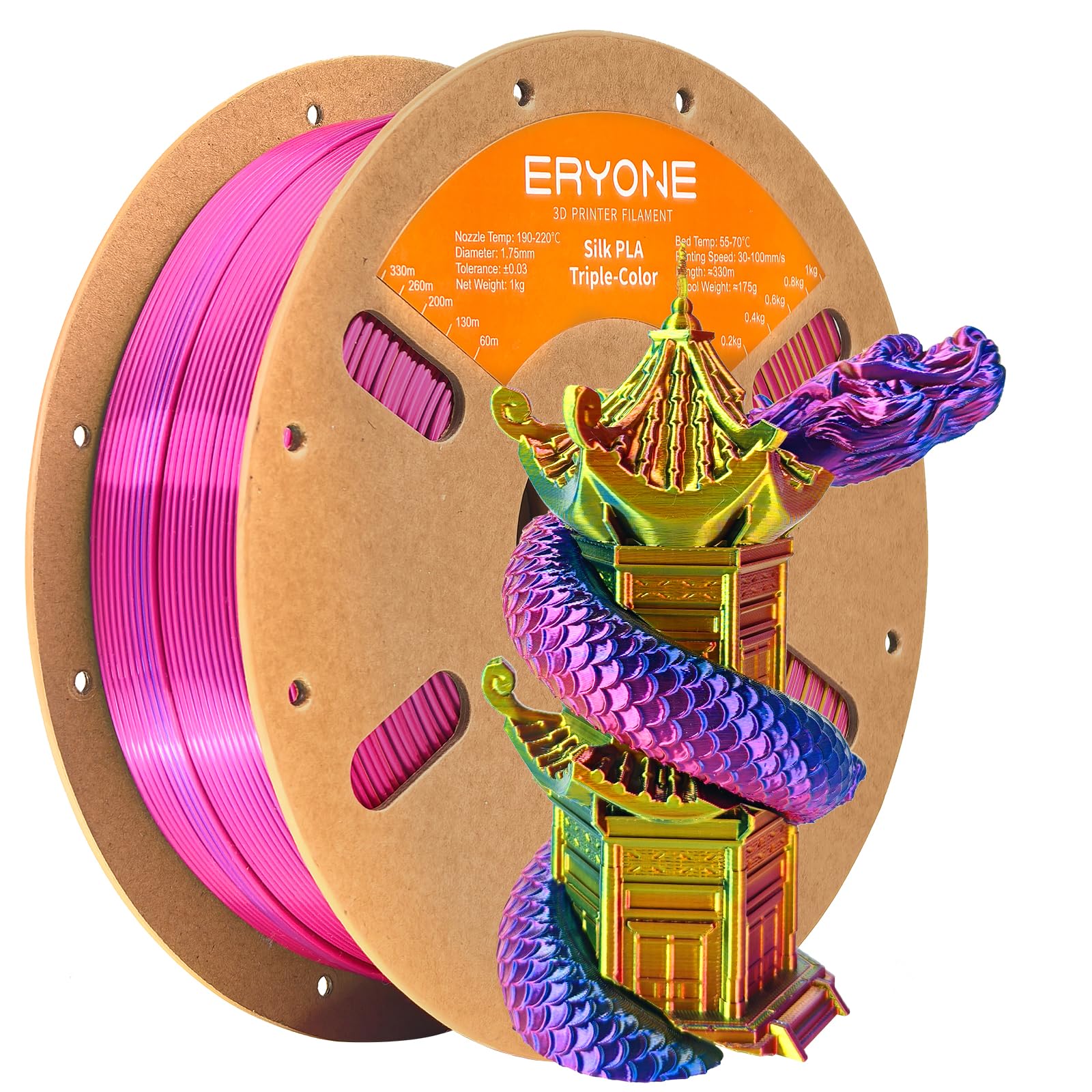 Eryone Silk Tri Color Coextrusion Pla Filament,3D Printer 1.75Mm,+/ 0.03Mm, Triple Color Filament 1Kg(2.2Lbs), Silk Red,Yellow A