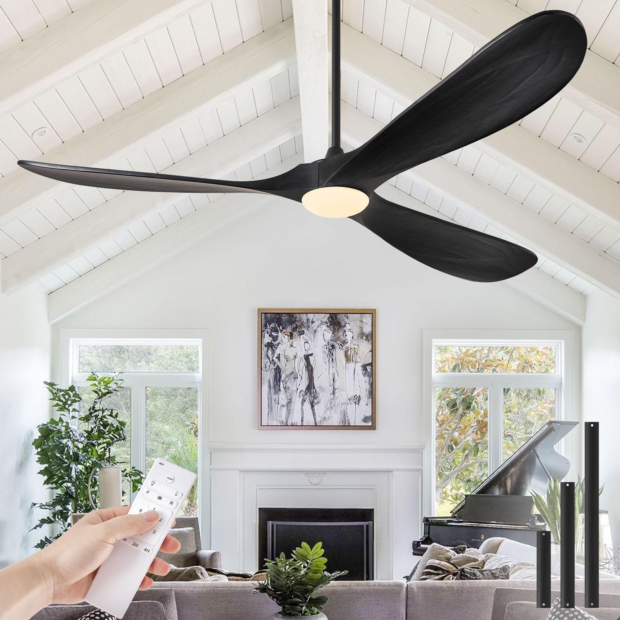 Haipeel 72 Inch Wood Ceiling Fans with Lights and Remote Control, Outdoor Ceiling Fan with Light Solid Wood Modern Black Large C