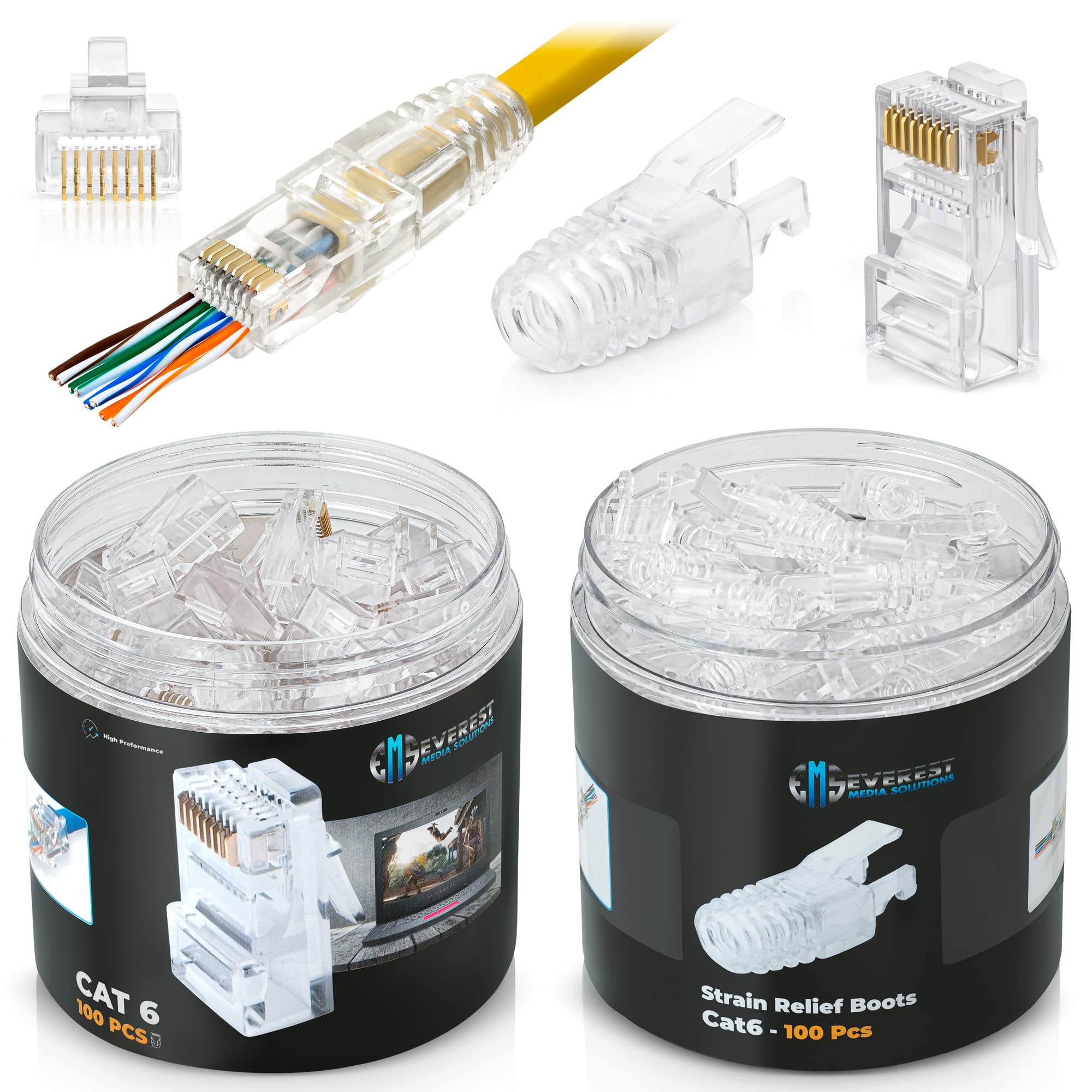 Everest Media Solutions Rj45 Cat6 Pass Through Connectors And Strain Relief Boots   Pack Of 100/100   Ez To Crimp Modular Plug F