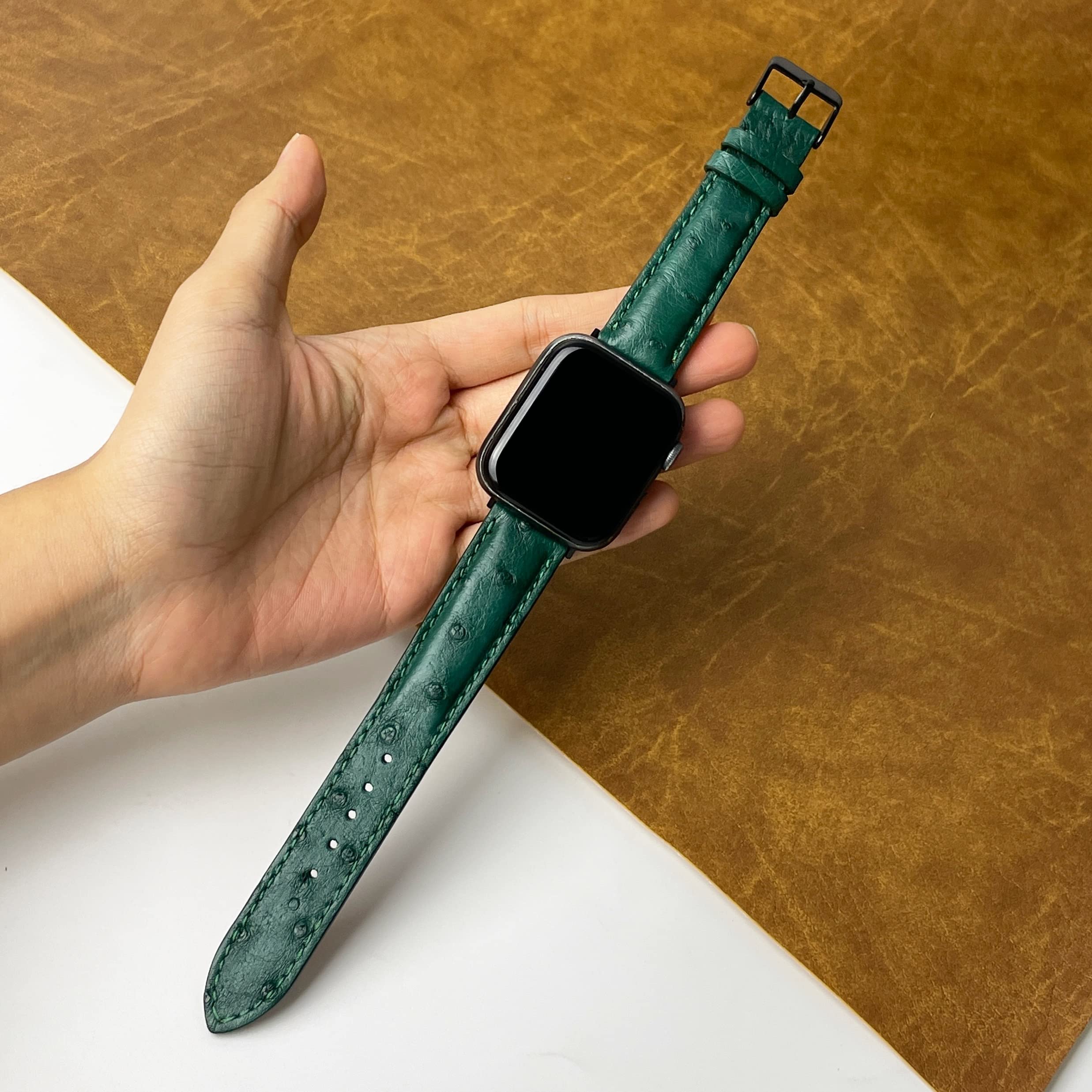 Green Ostrich Leather Band Compatible For Apple Watch 41Mm 40Mm 38Mm For Iwatch Men Replacement Strap Smartwatch Series 8 7 6 5