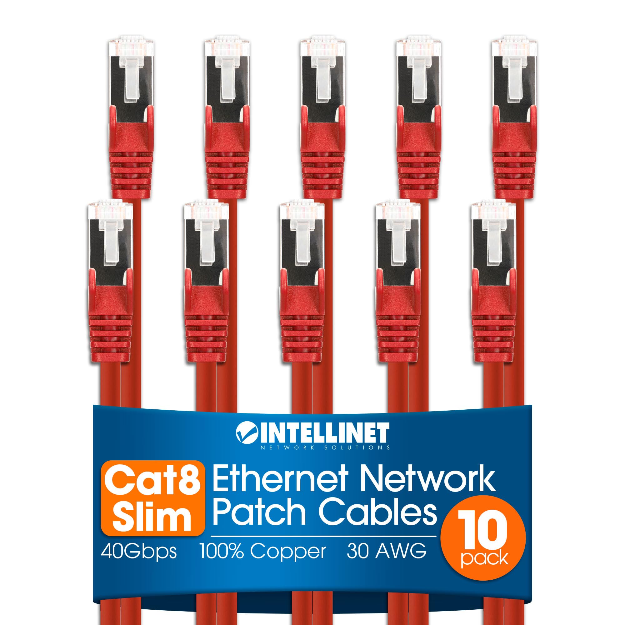 Cat8.1 U/Ftp Slim Network Patch Cable, 14 Ft., Red, 10-Pack