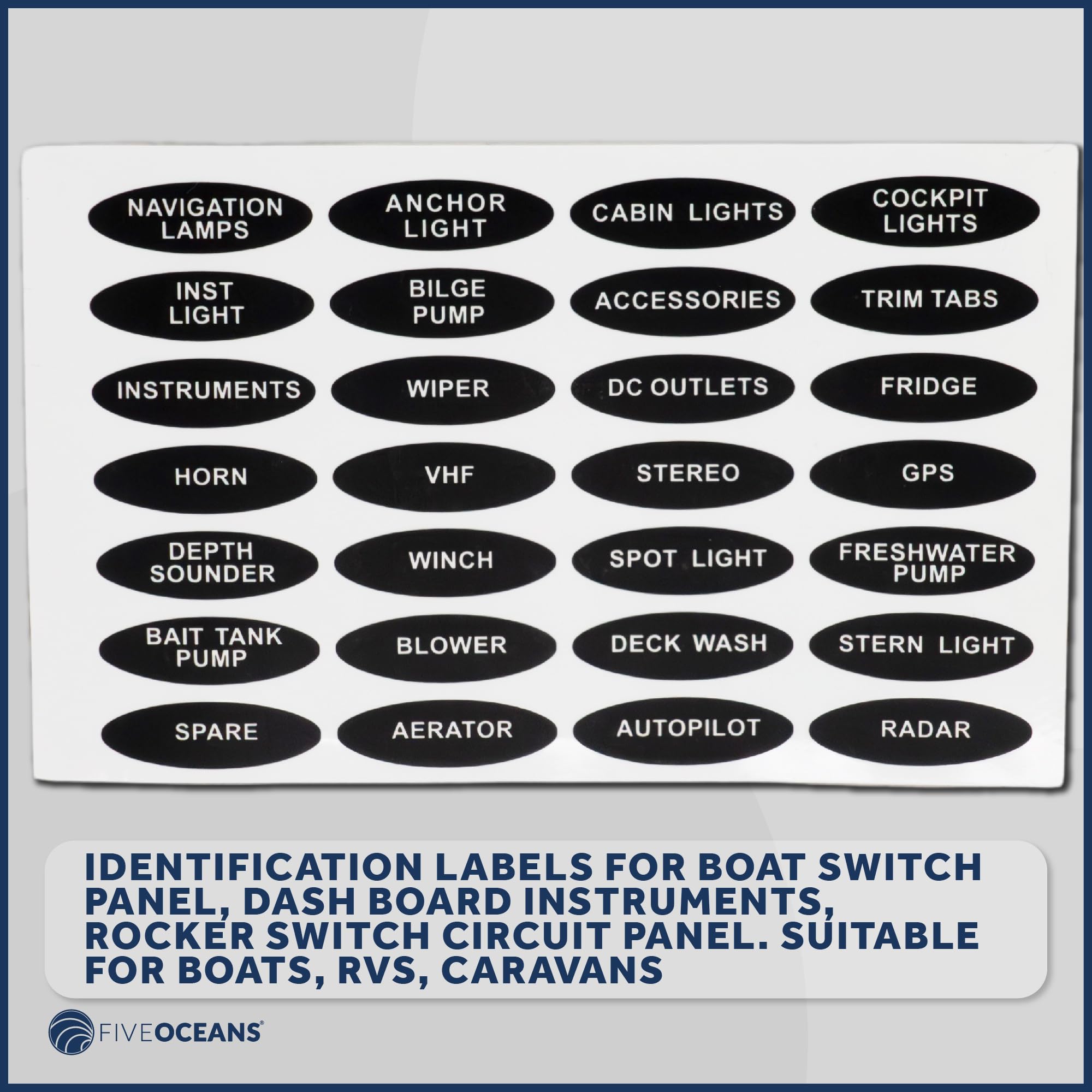 Five Oceans Boat Switch Panel Labels, Marine Boat Dash Board Instruments Decal, Rocker Switch Circuit Panel Sticker, 28 Pcs Per