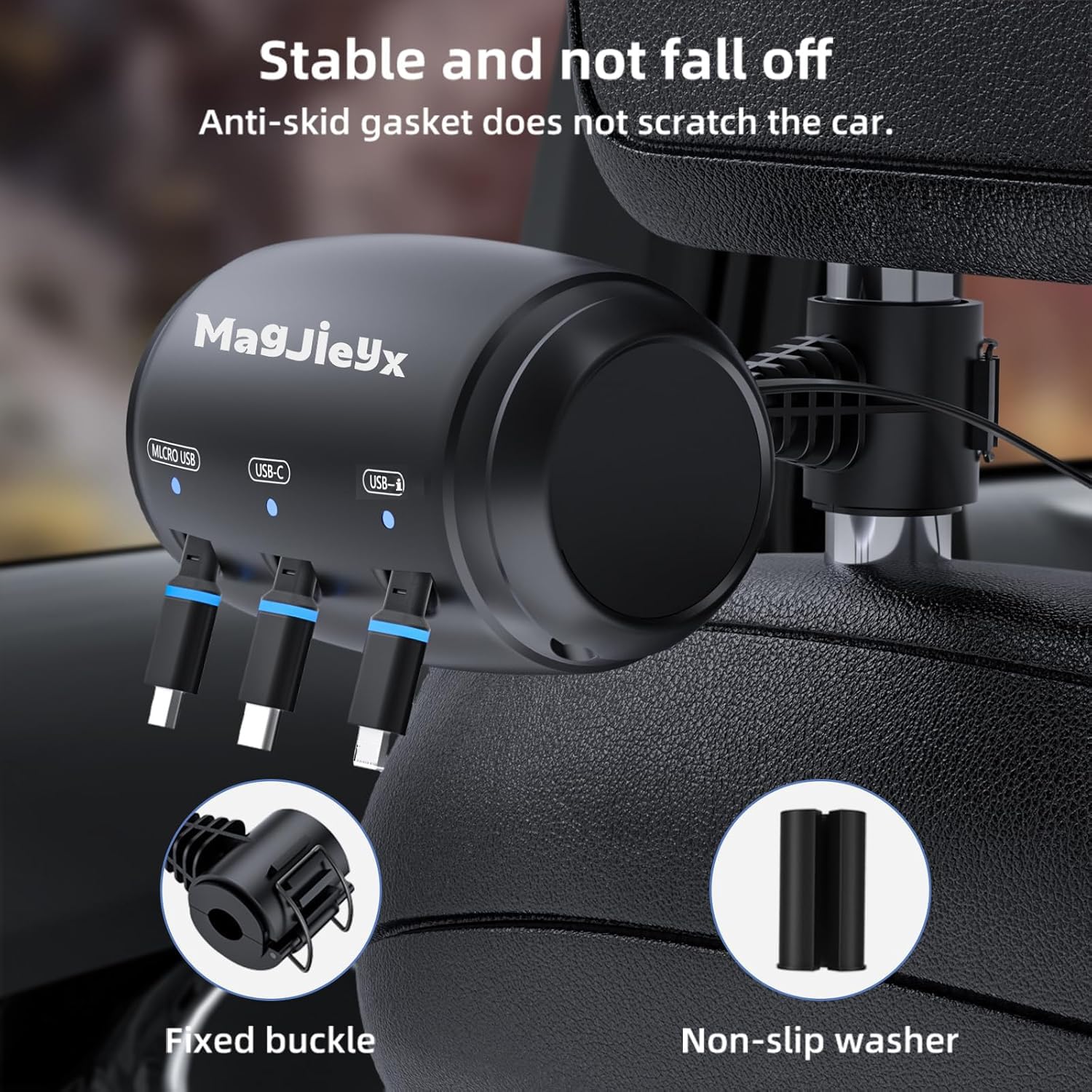 Magjieyx Multi Retractable Car Charger Station, Headrest 3 In 1 Charging Box Share Ride Dock For Backseat With Fast 36W Qc 3.0 C