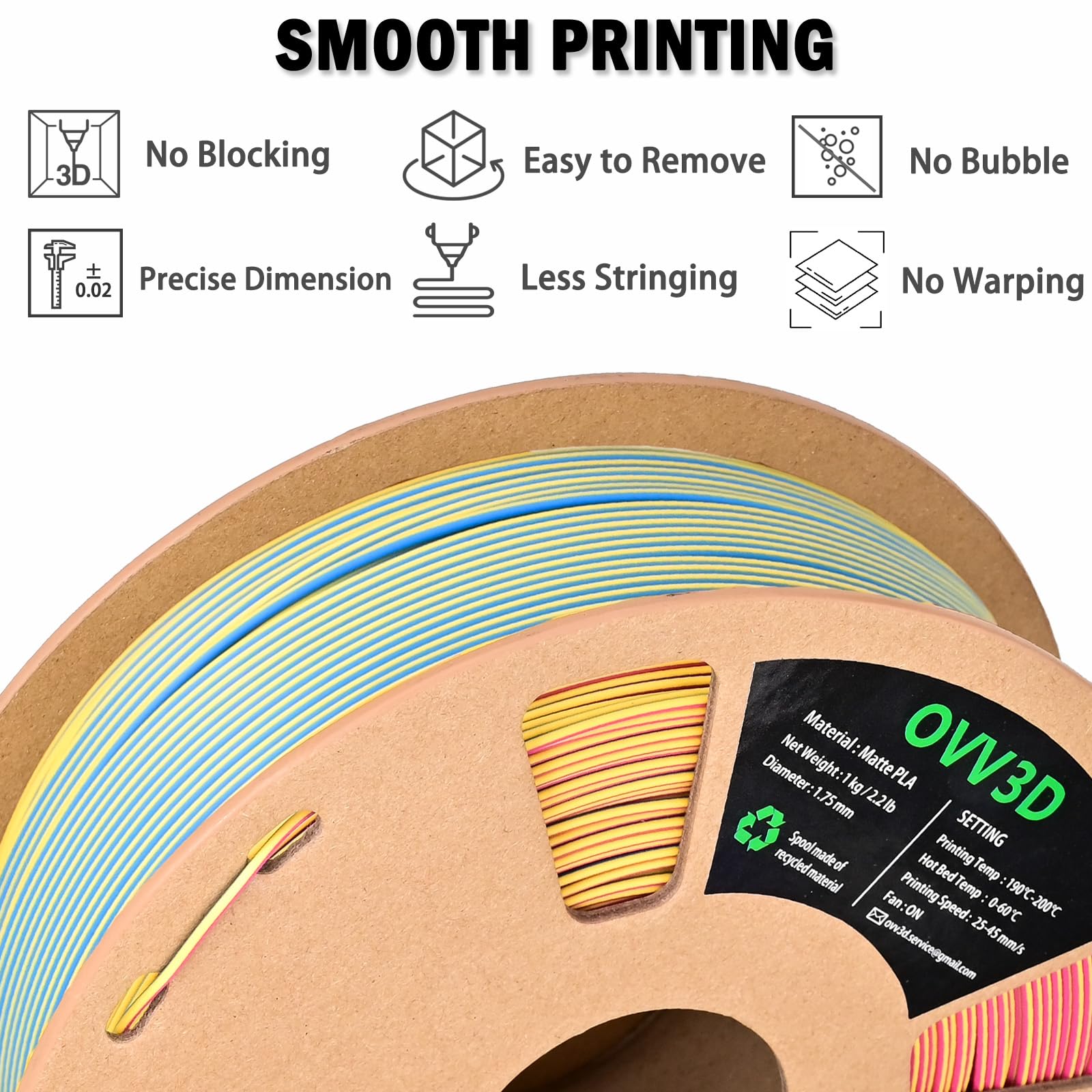 Ovv3D Pla Filament 1.75Mm, Rainbow Pla Filament Matte Tri Color 3D Printer Filament, Macaron 3D Printing Filament Red Yellow Blu