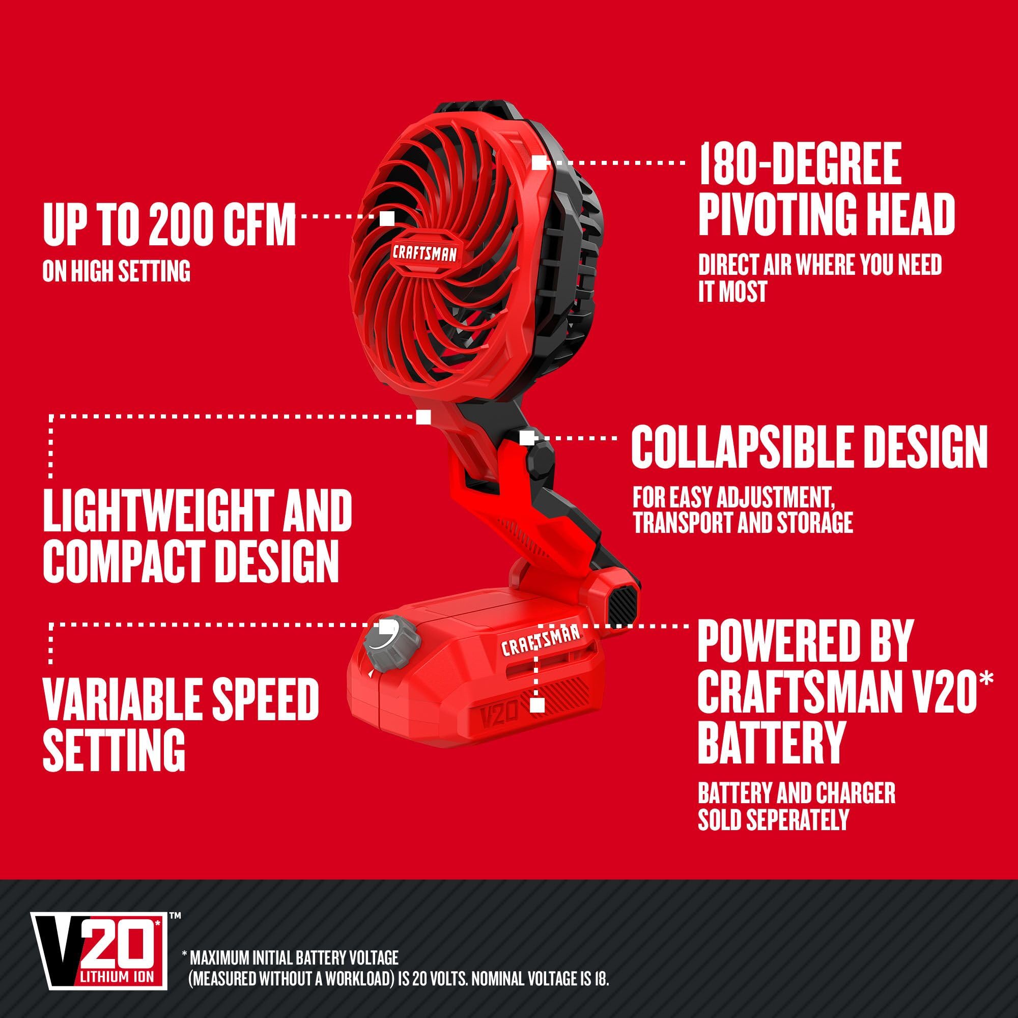 Craftsman V20 Cordless Personal Fan, Compact And Collapsible, Bare Tool Only (Cmce010B)